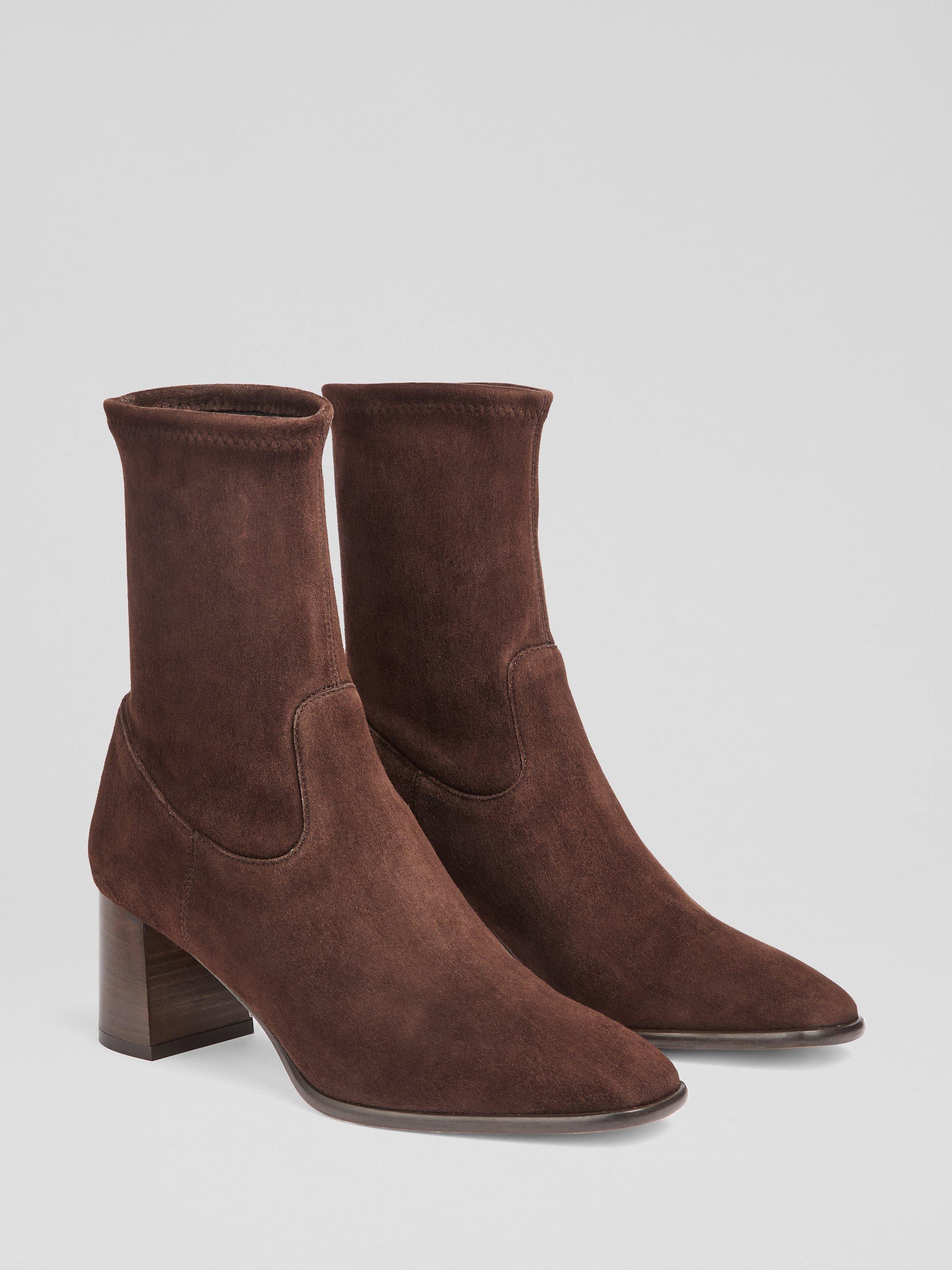 Product image 2 of 4, which shows L.K. Bennett Harp Stretch Suede Ankle Boots, Chocolate, 3
