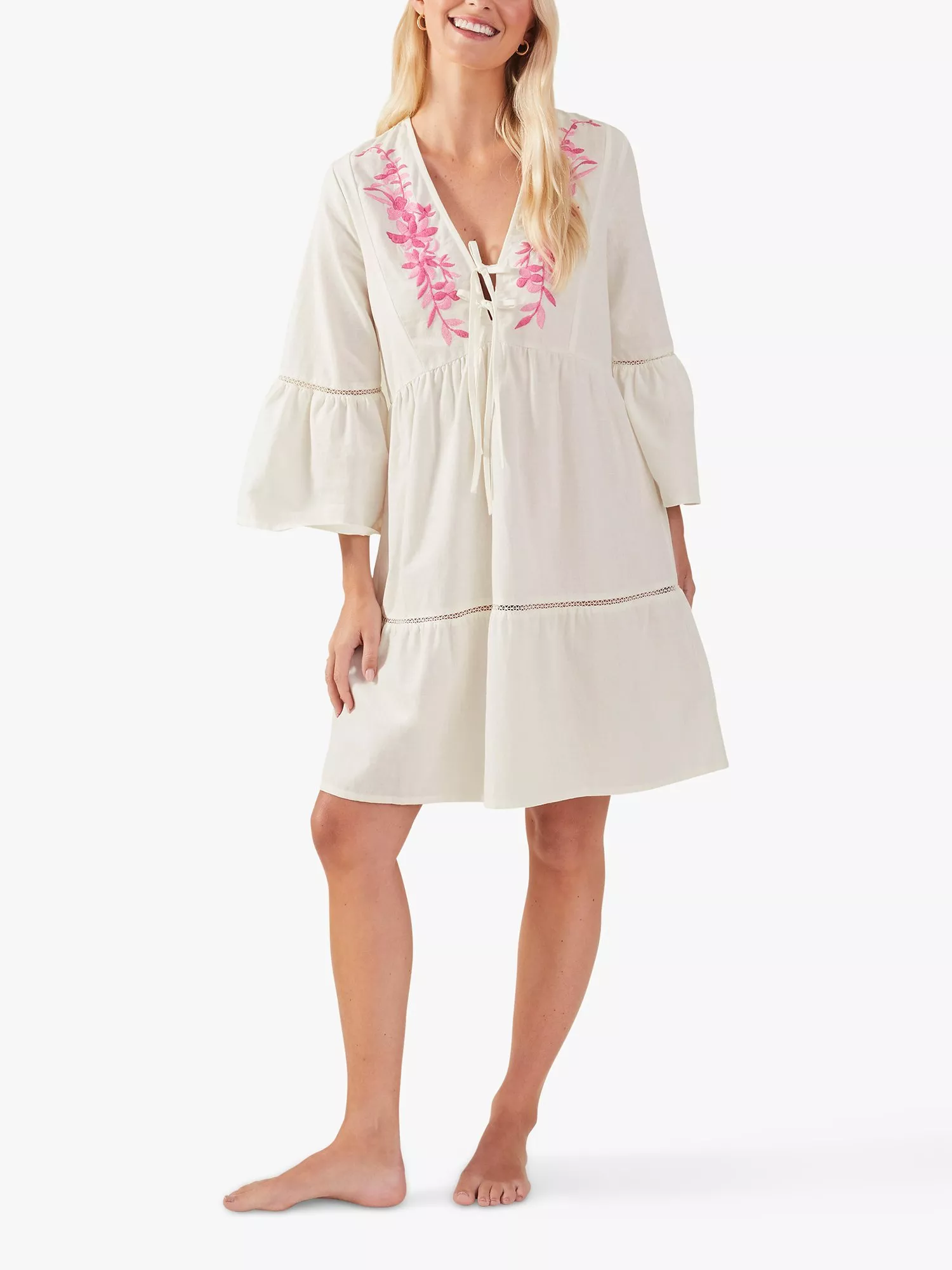 Accessorize Embroidered Beach Dress, Ivory/Pink