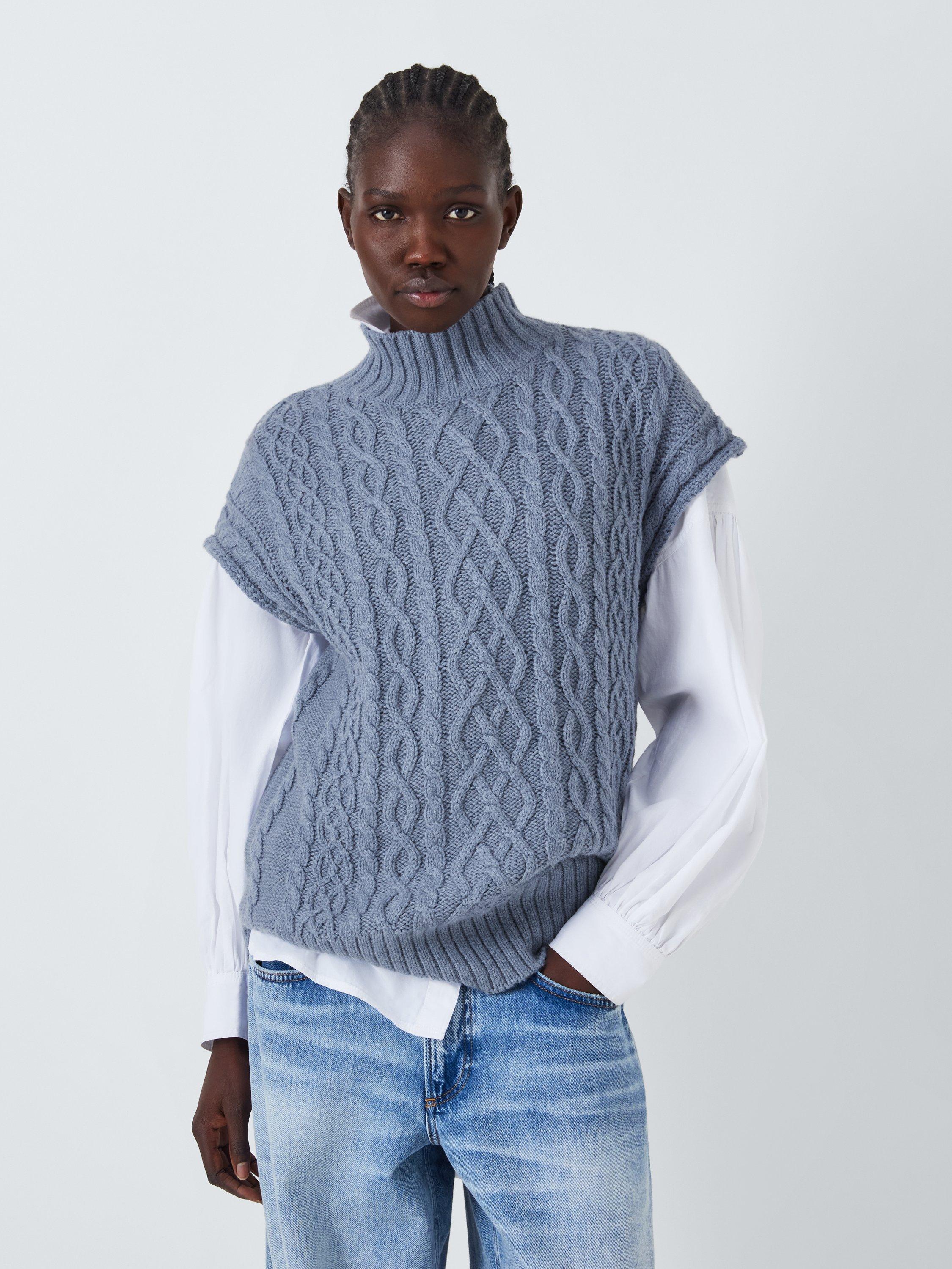 Product image 1 of 6, which shows AND/OR Charlie Cable Knit Sleeveless Jumper, Flint Stone Blue, XS