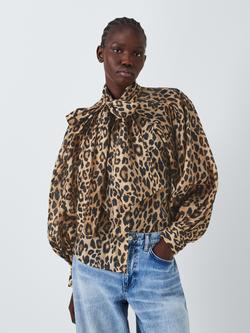 AND/OR Cassie Leopard Print Tie Neck Blouse containing TENCEL™ Lyocell, Brown/Multi, Brown/Multi