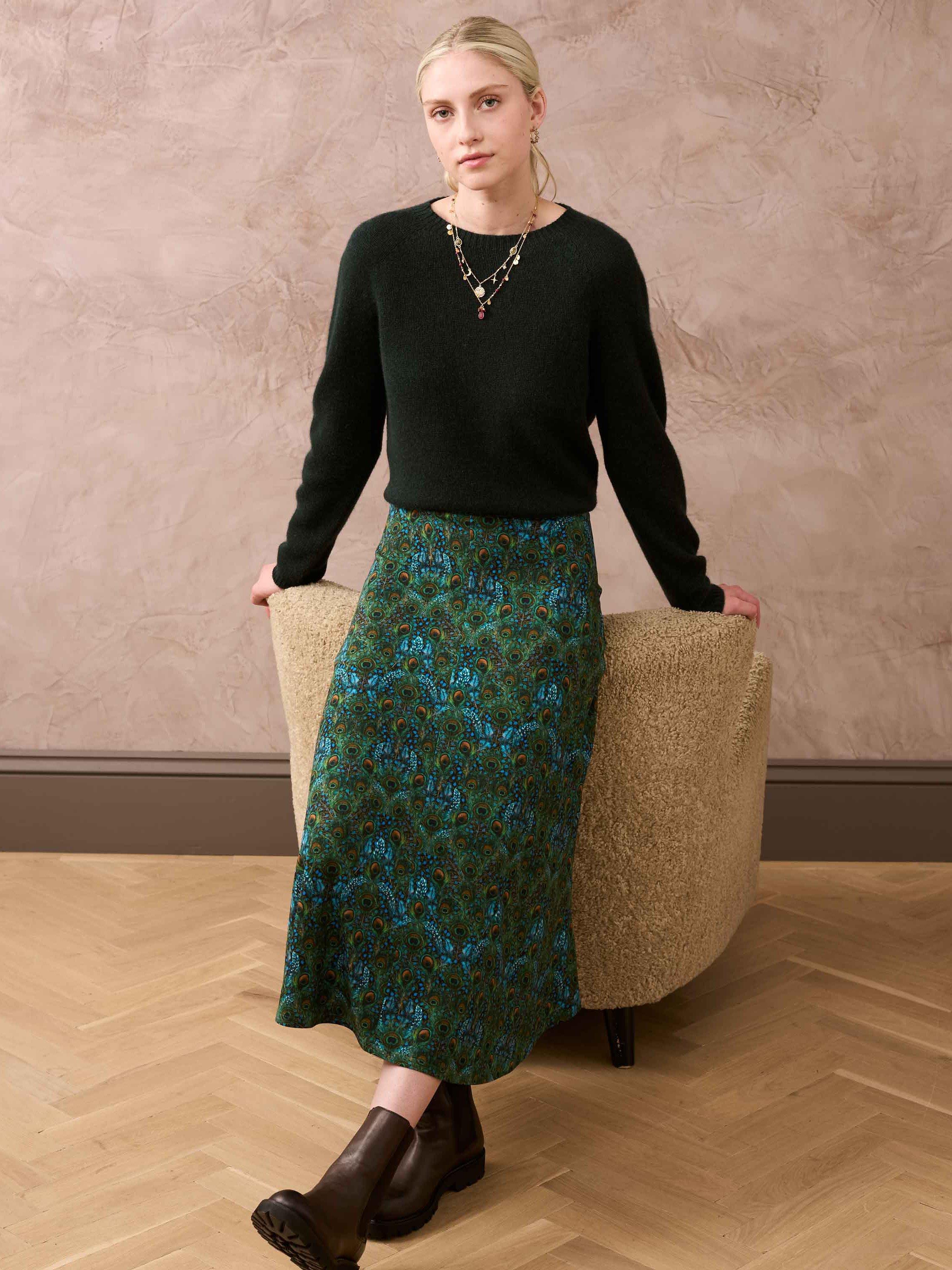 Brora Liberty Print Jersey Skirt Emerald Peacock