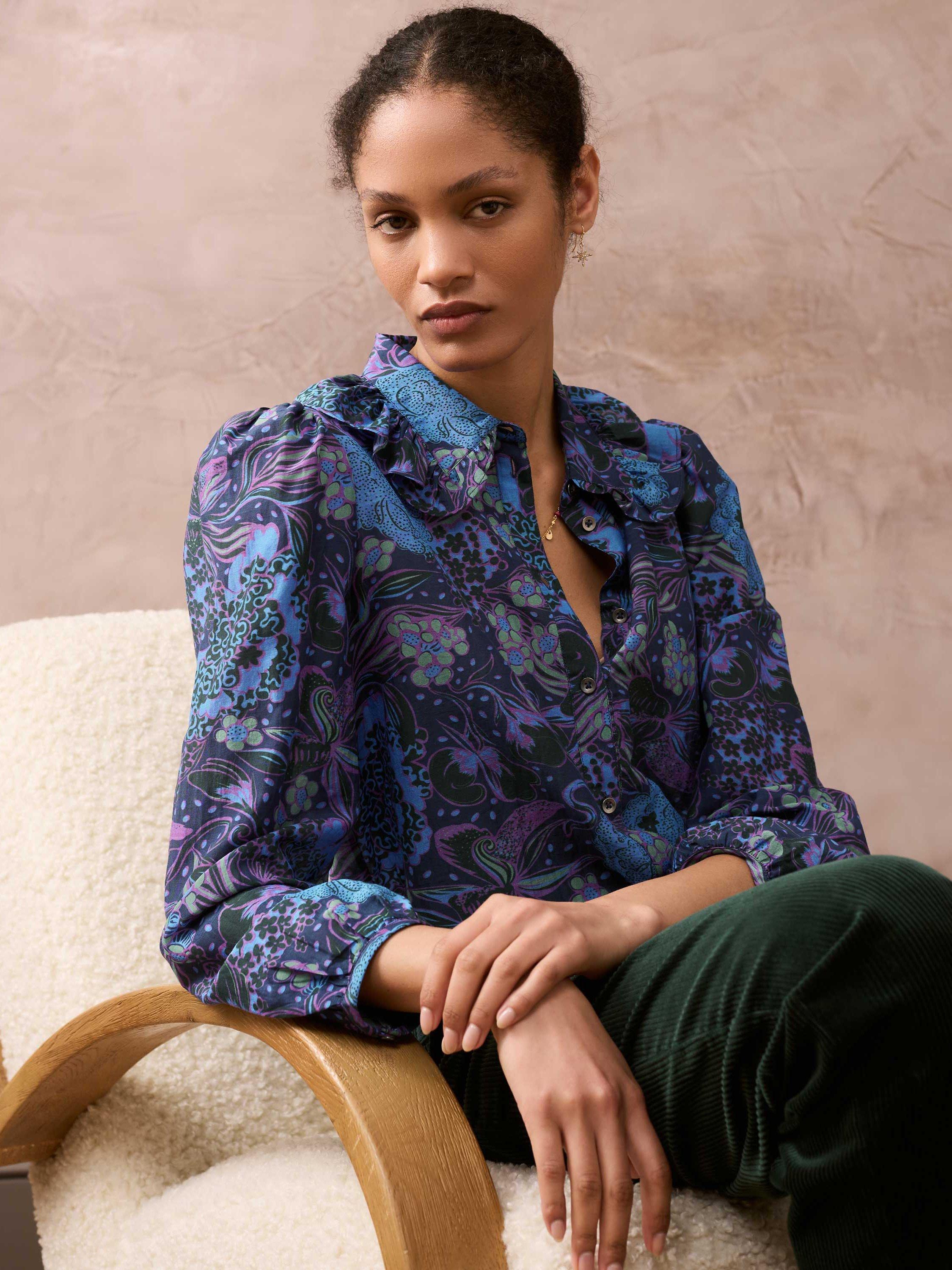 Brora Hydrangea Silk Blend Blouse, Ocean/Amethyst