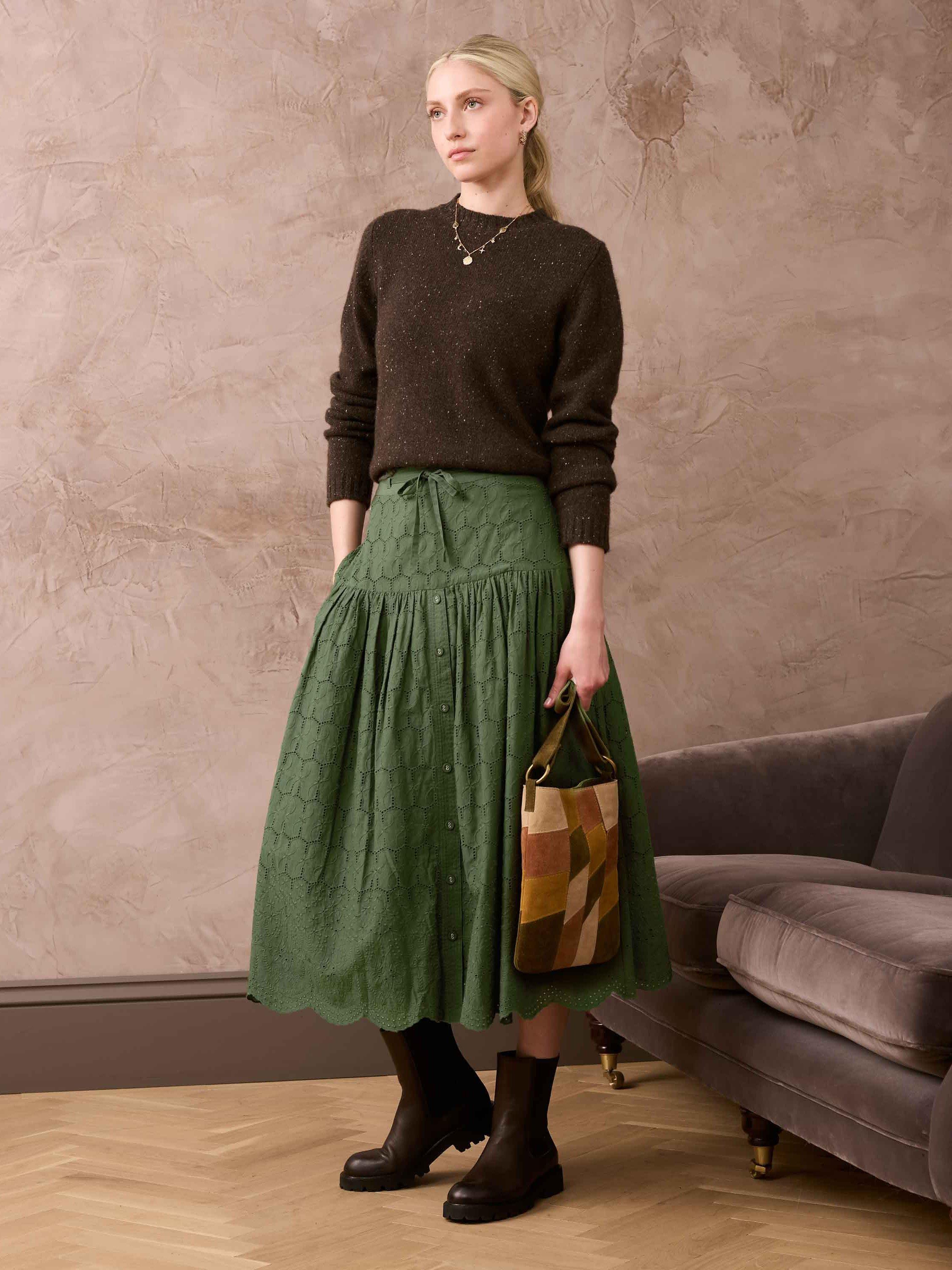 Brora Cotton Broderie Anglaise Midi Skirt, Dark Olive