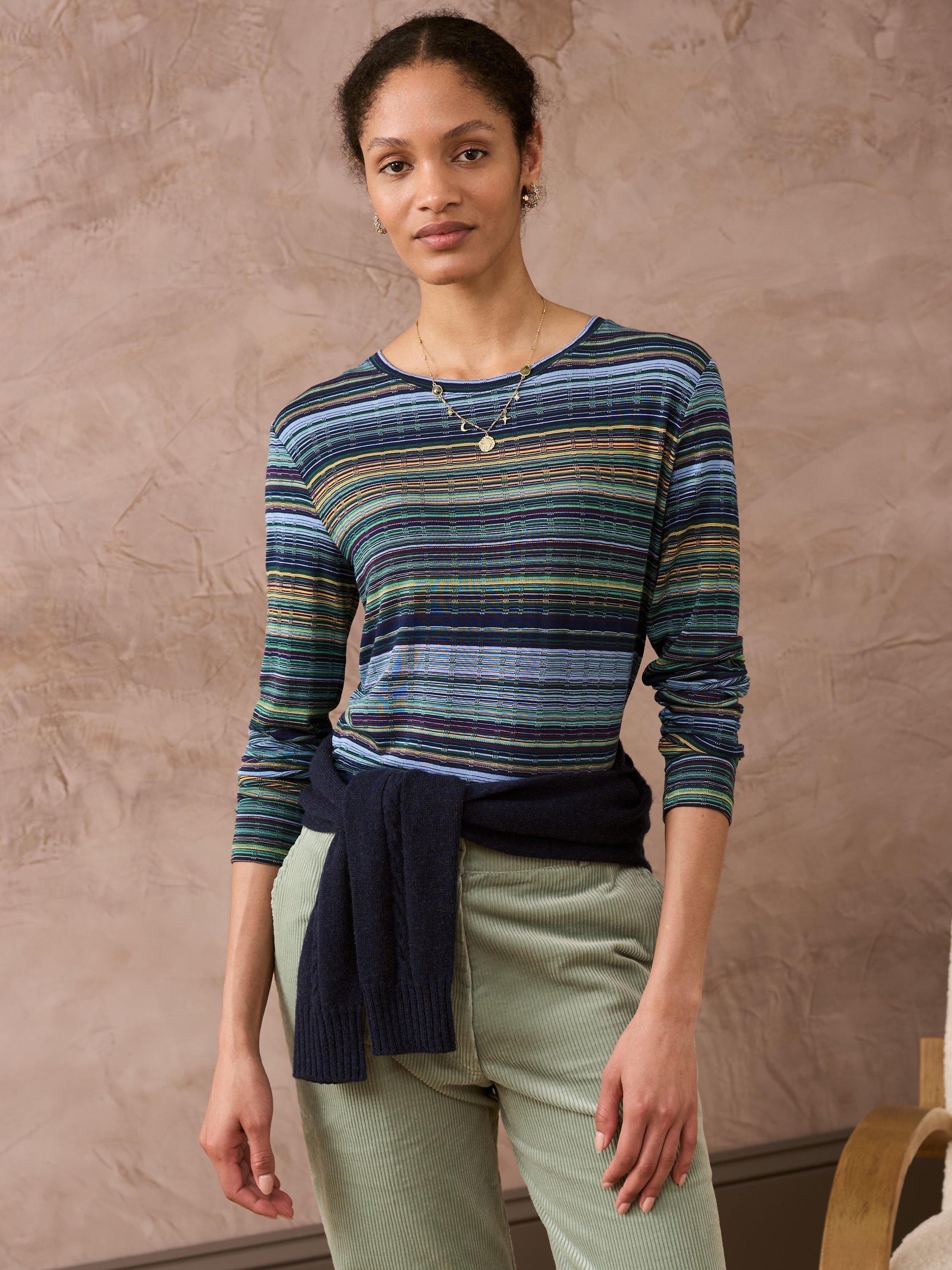 Brora Fine Stripe Jersey Top, Pine/Ochre
