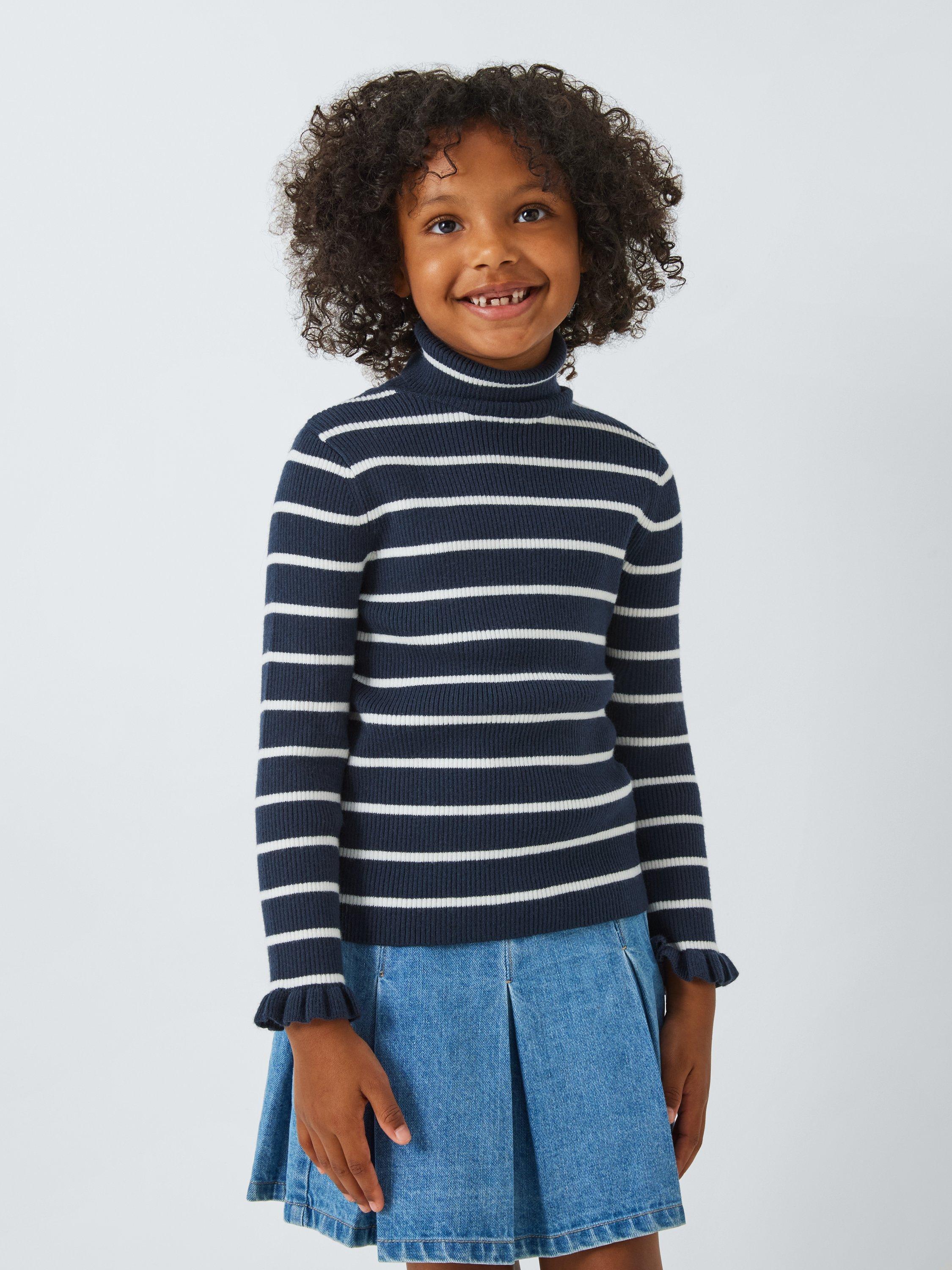 Product image 1 of 7, which shows John Lewis Kids' Stripe Ruffle Cuff Roll Neck Top, Navy/White, 7 years