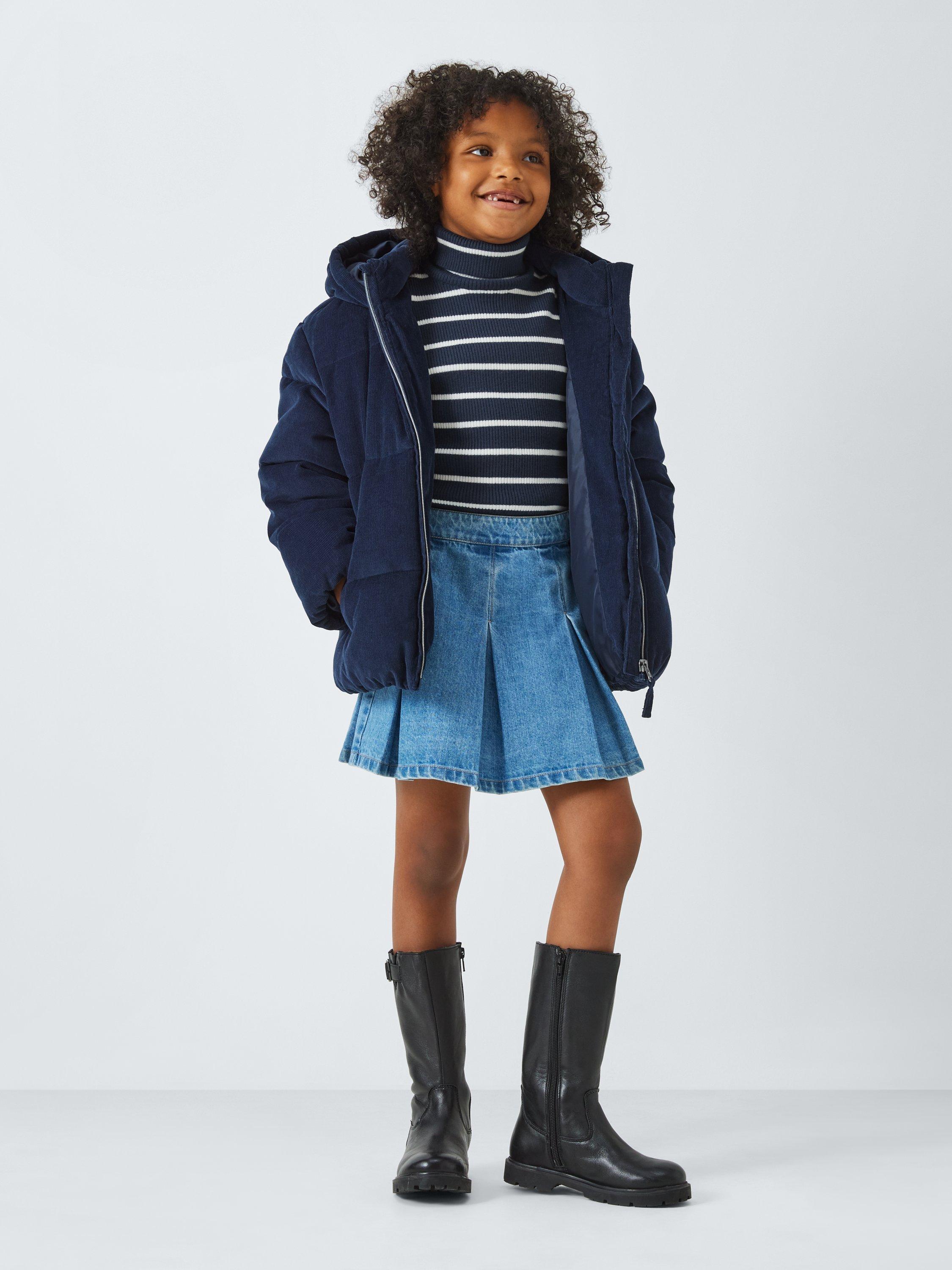 Product image 2 of 7, which shows John Lewis Kids' Stripe Ruffle Cuff Roll Neck Top, Navy/White, 7 years