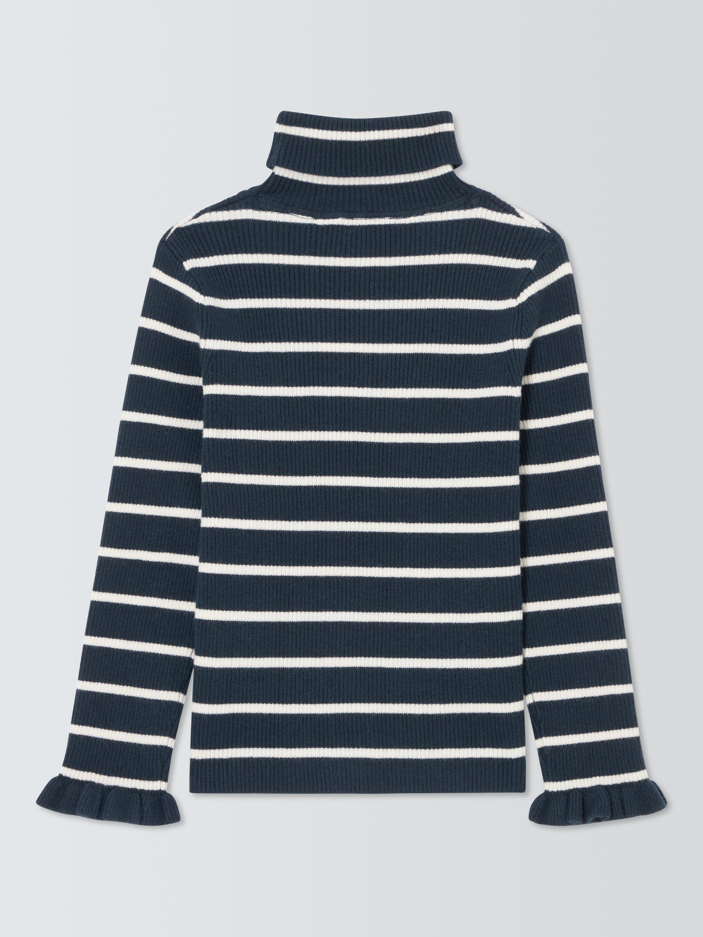 Product image 3 of 7, which shows John Lewis Kids' Stripe Ruffle Cuff Roll Neck Top, Navy/White, 7 years