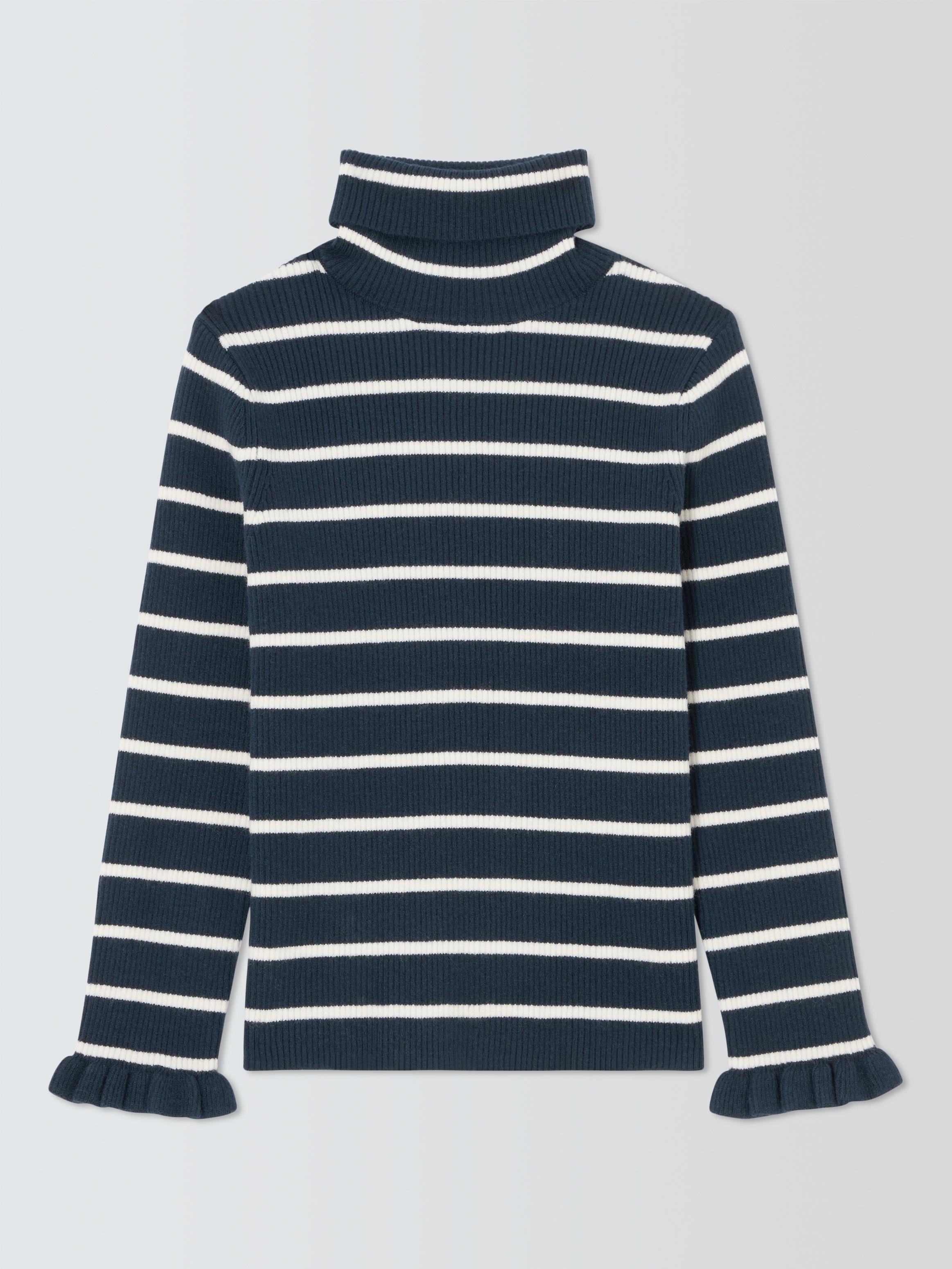 Product image 6 of 7, which shows John Lewis Kids' Stripe Ruffle Cuff Roll Neck Top, Navy/White, 7 years