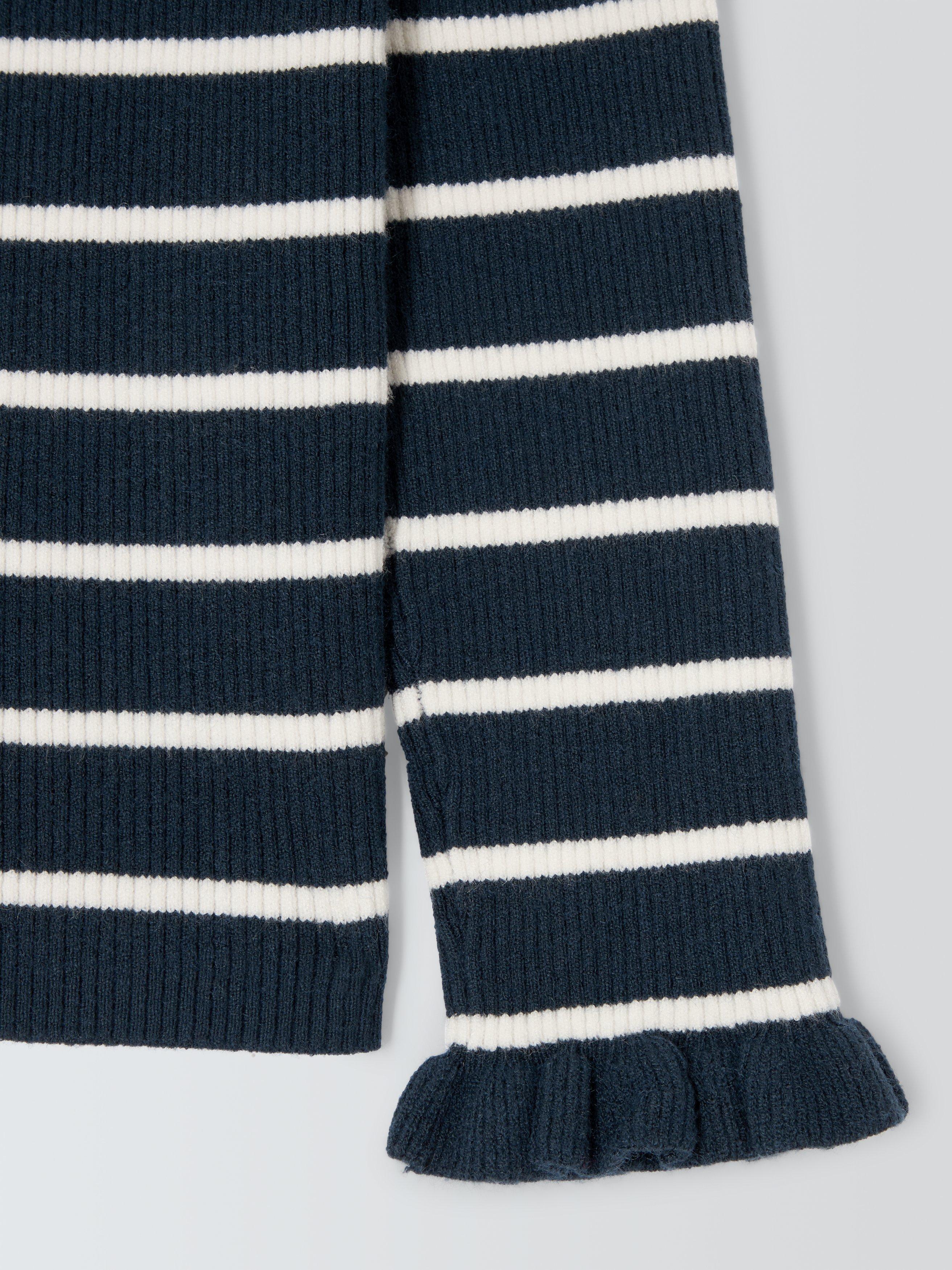 Product image 7 of 7, which shows John Lewis Kids' Stripe Ruffle Cuff Roll Neck Top, Navy/White, 7 years