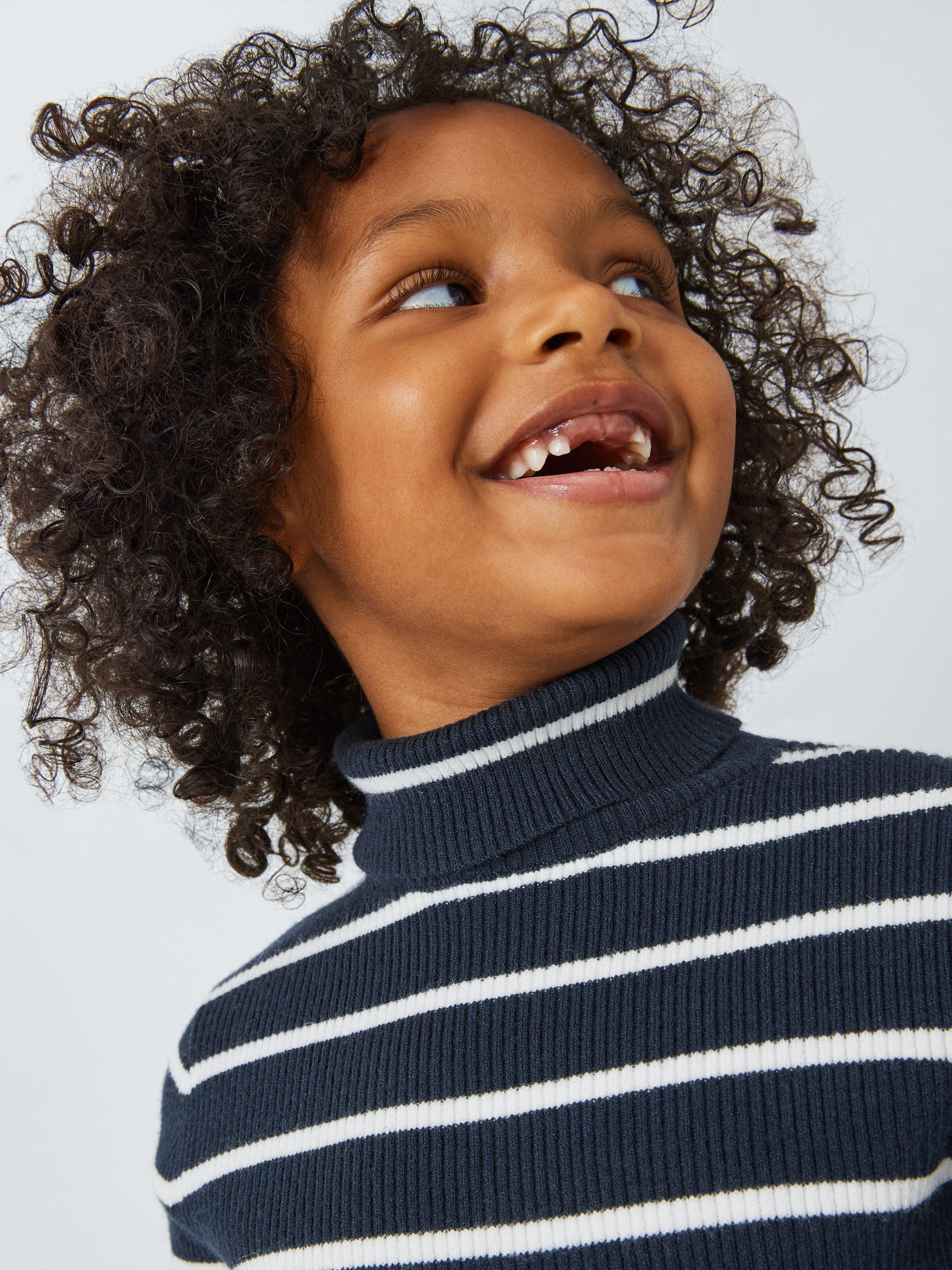 Product image 4 of 7, which shows John Lewis Kids' Stripe Ruffle Cuff Roll Neck Top, Navy/White, 7 years