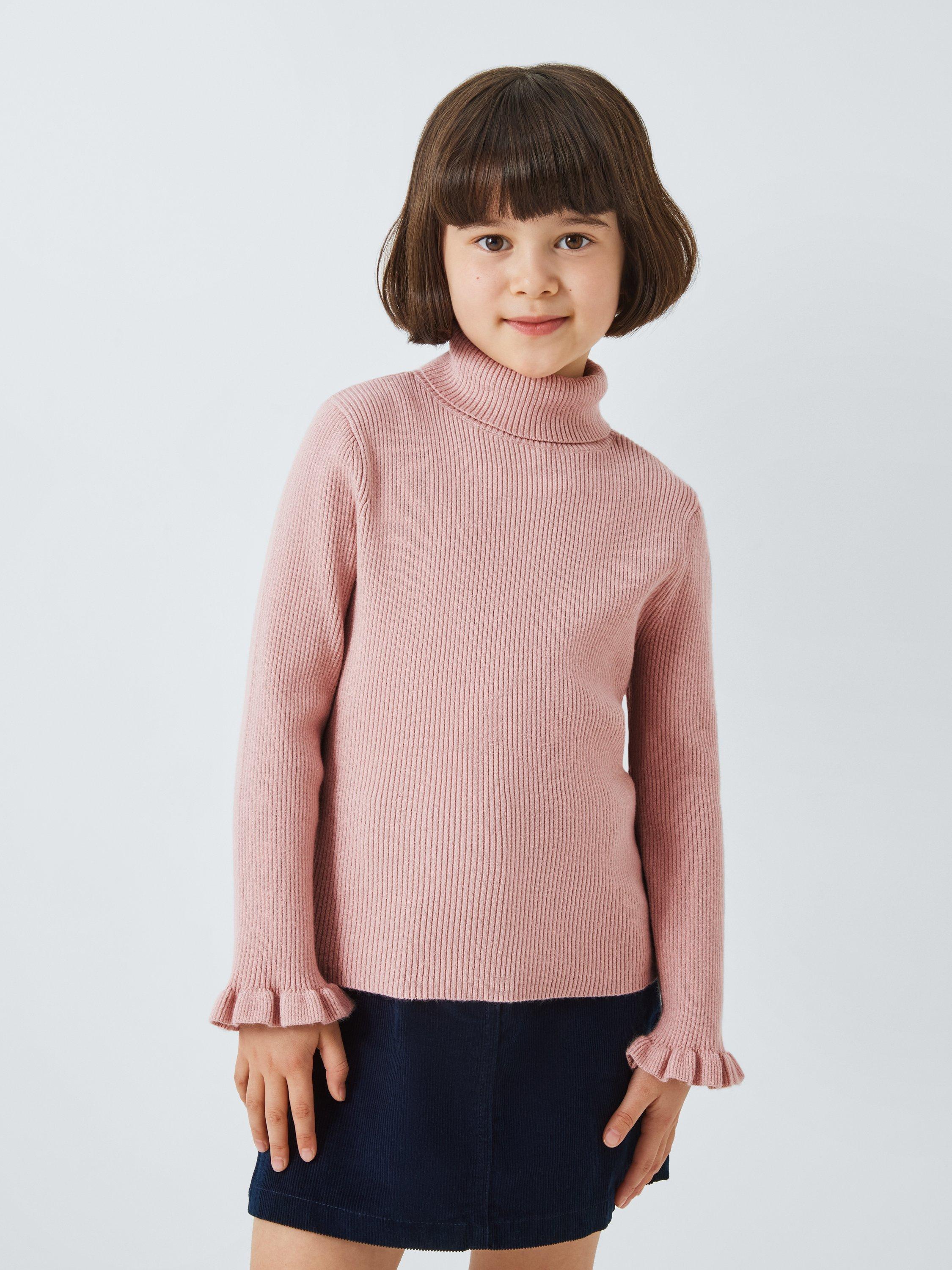 John Lewis Kids' Rollneck Ruffle Cuffle Knit Top, Pink