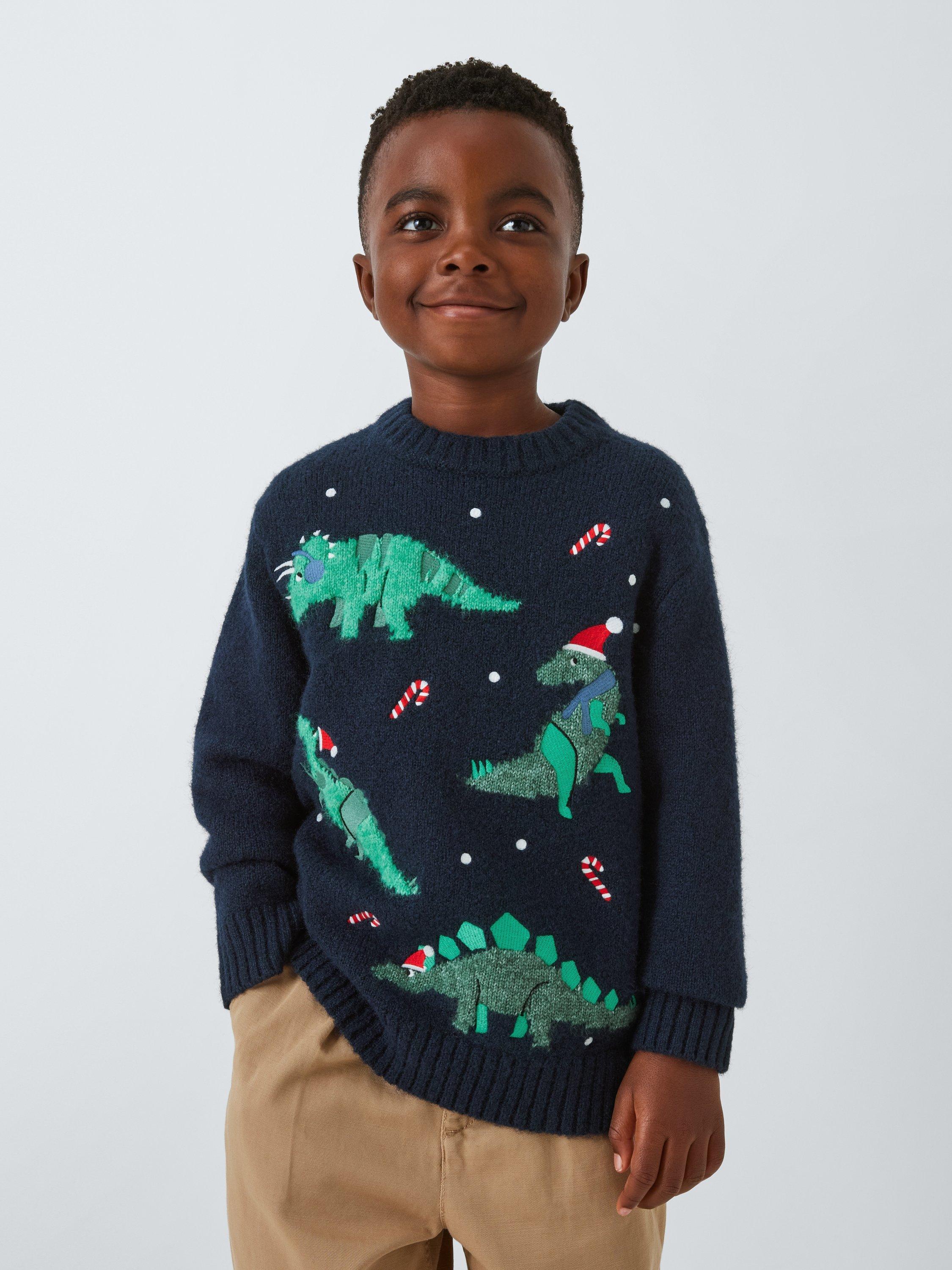 John Lewis Kids Christmas Dinosaurs Wool Blend Jumper Blue