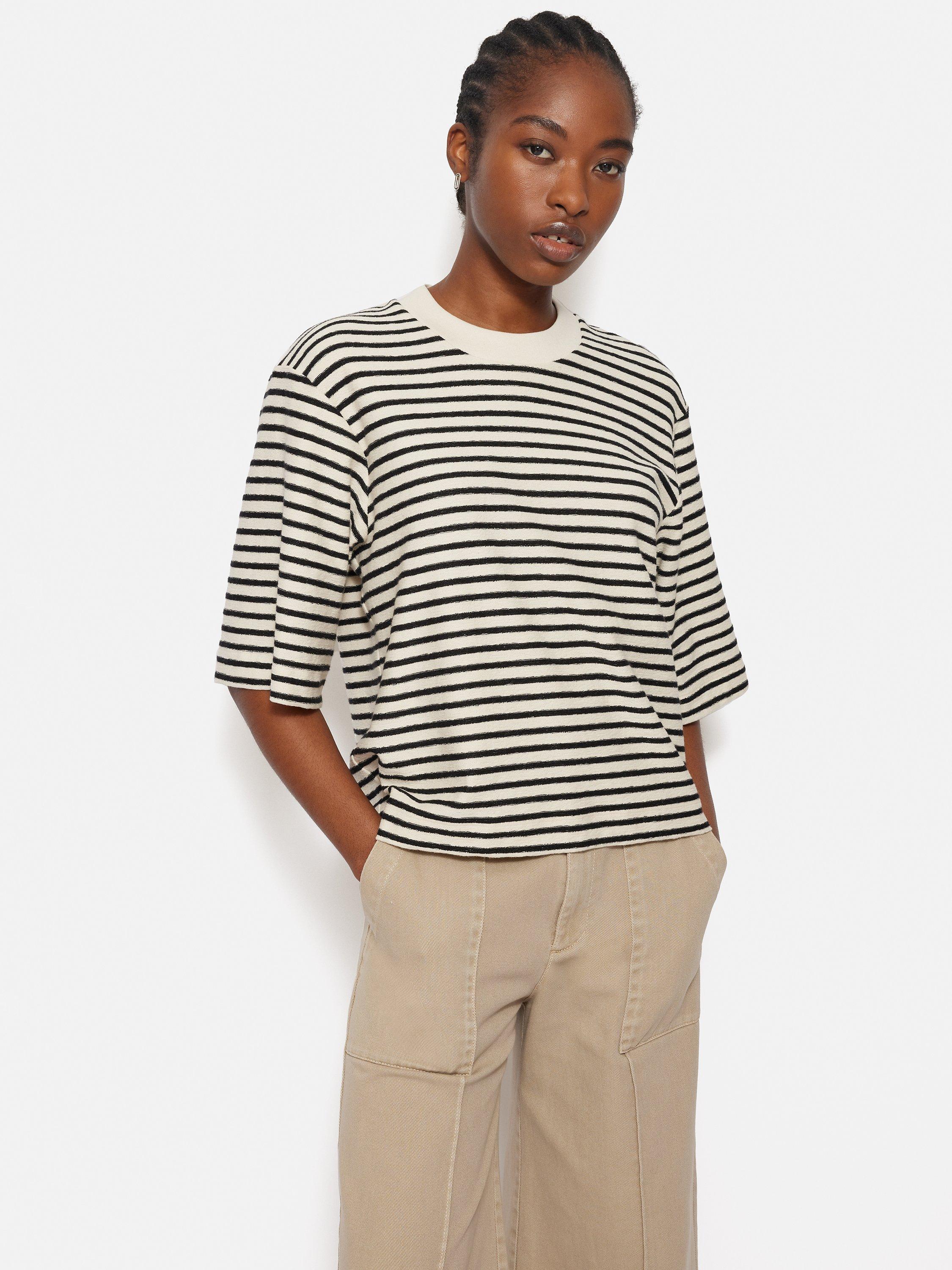 Product image 1 of 6, which shows Jigsaw Textured Stripe Organic Cotton Top, Cream/Navy, XS