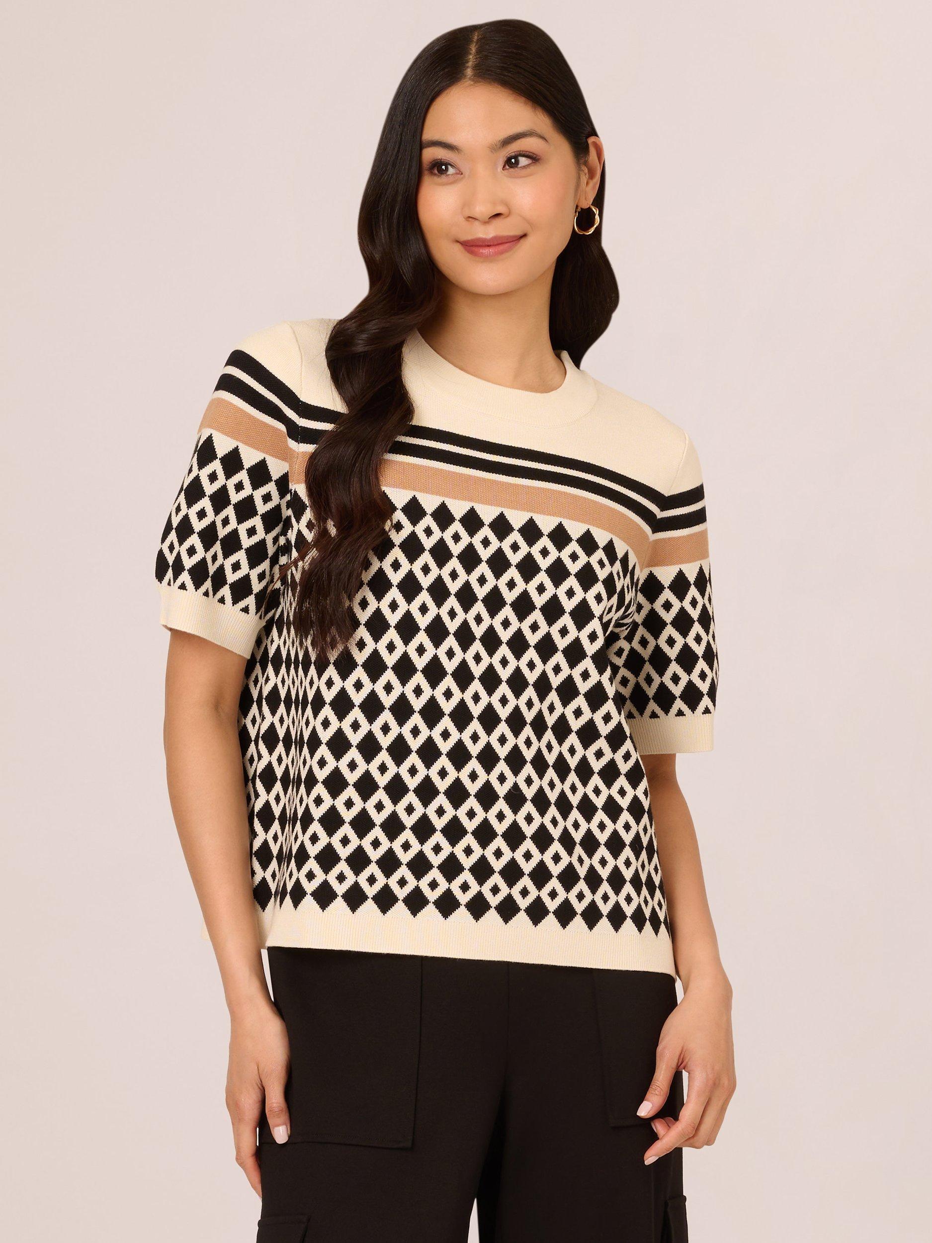 Product image 1 of 7, which shows Adrianna Papell Striped Jacquard Short Sleeve Jumper, Cream/Black, L