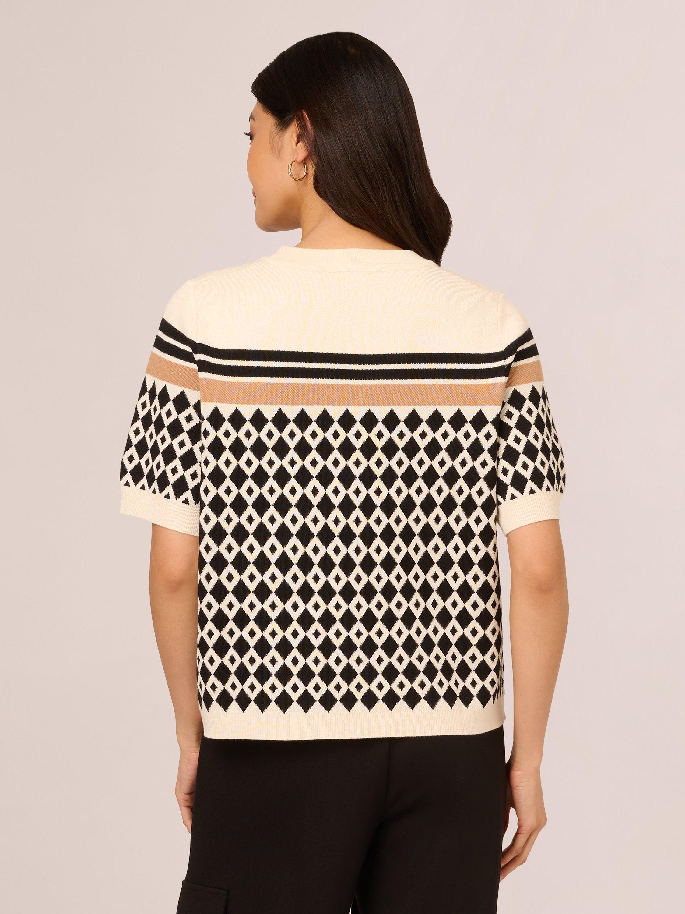 Product image 2 of 7, which shows Adrianna Papell Striped Jacquard Short Sleeve Jumper, Cream/Black, L