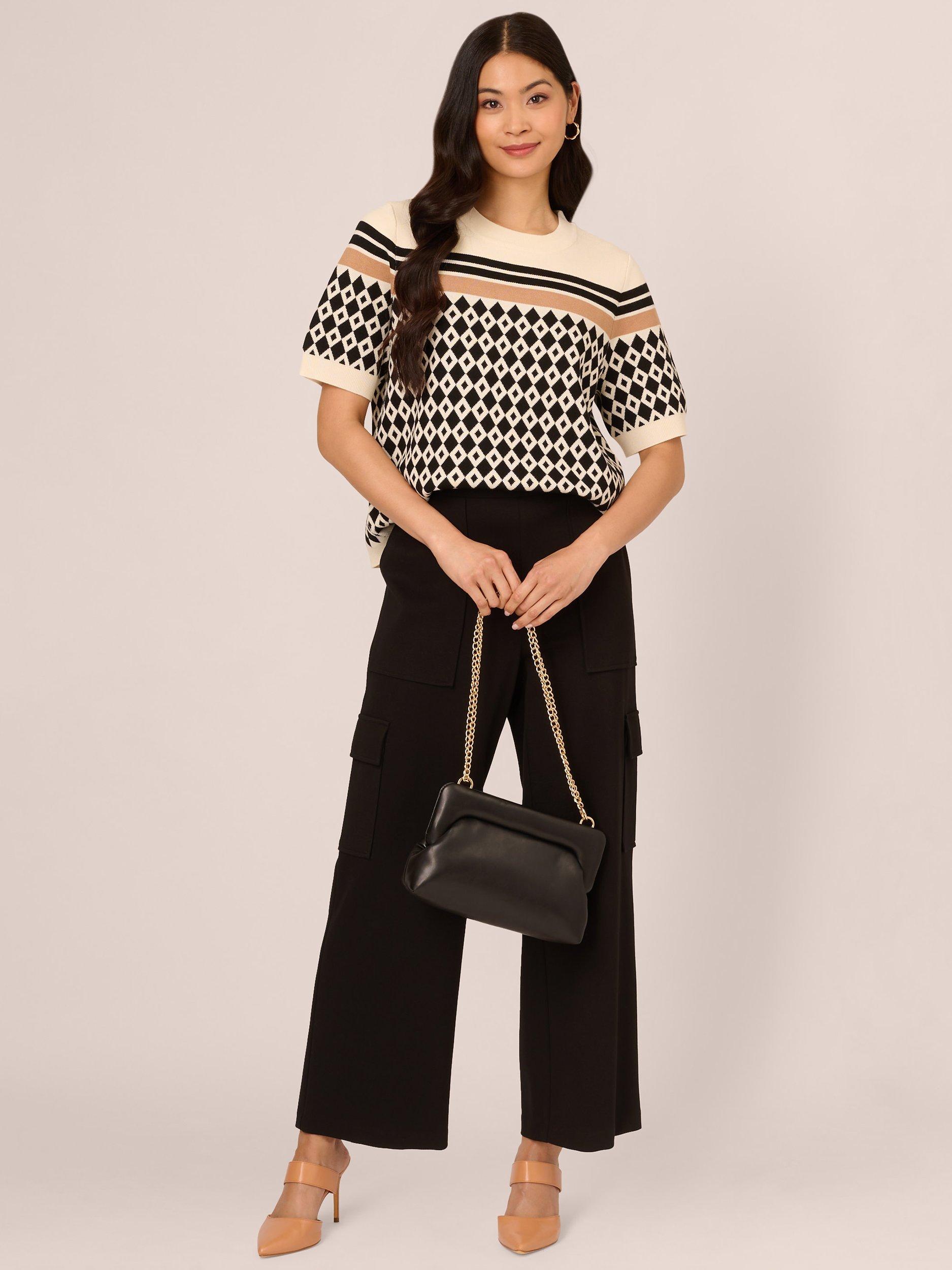 Product image 3 of 7, which shows Adrianna Papell Striped Jacquard Short Sleeve Jumper, Cream/Black, L