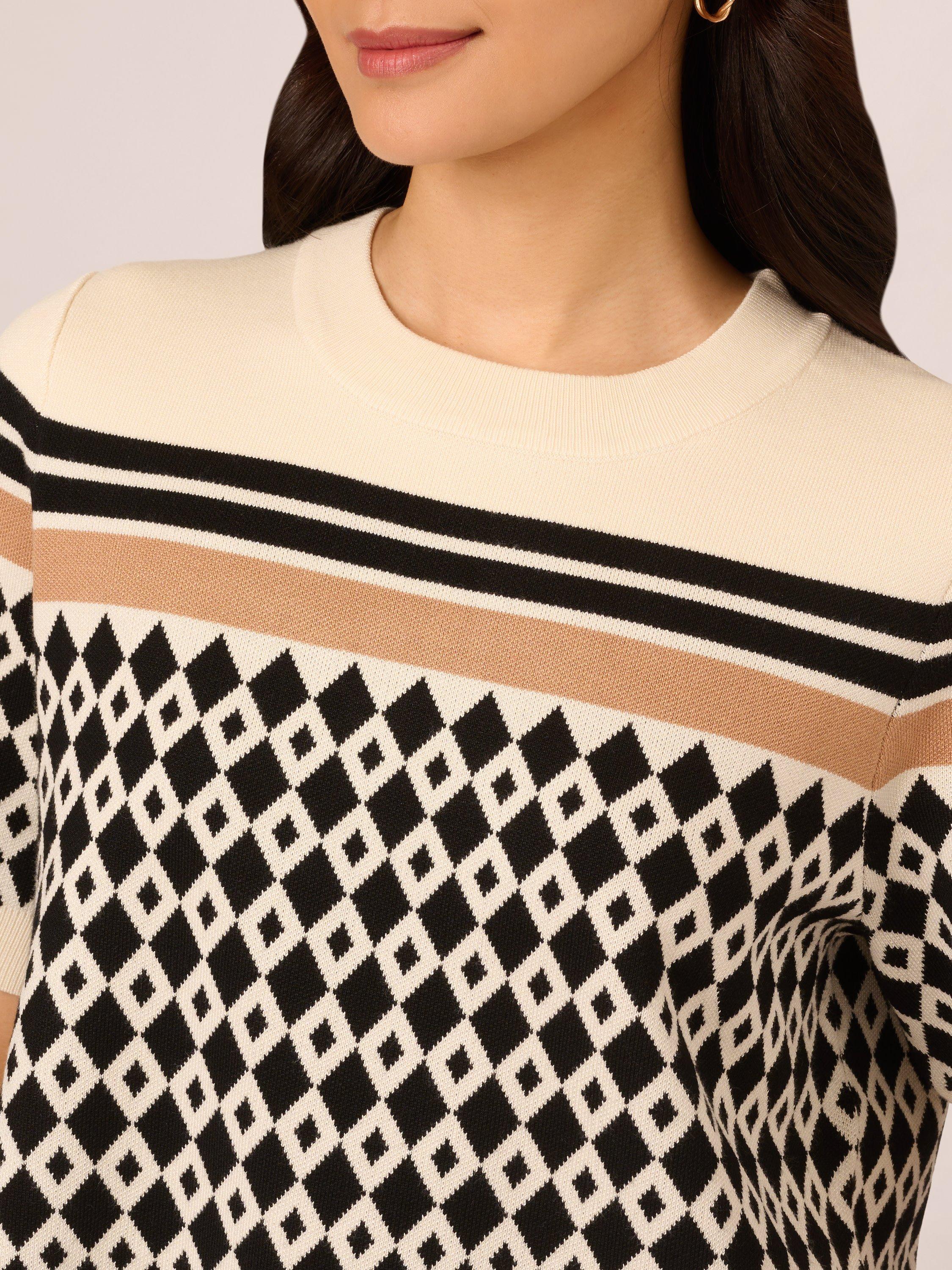 Product image 4 of 7, which shows Adrianna Papell Striped Jacquard Short Sleeve Jumper, Cream/Black, L