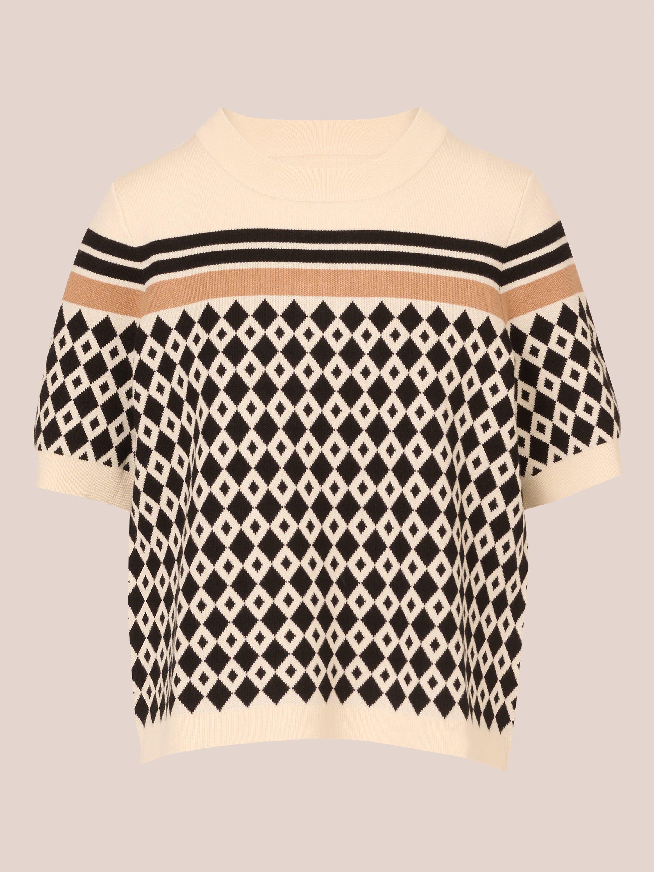 Product image 6 of 7, which shows Adrianna Papell Striped Jacquard Short Sleeve Jumper, Cream/Black, L