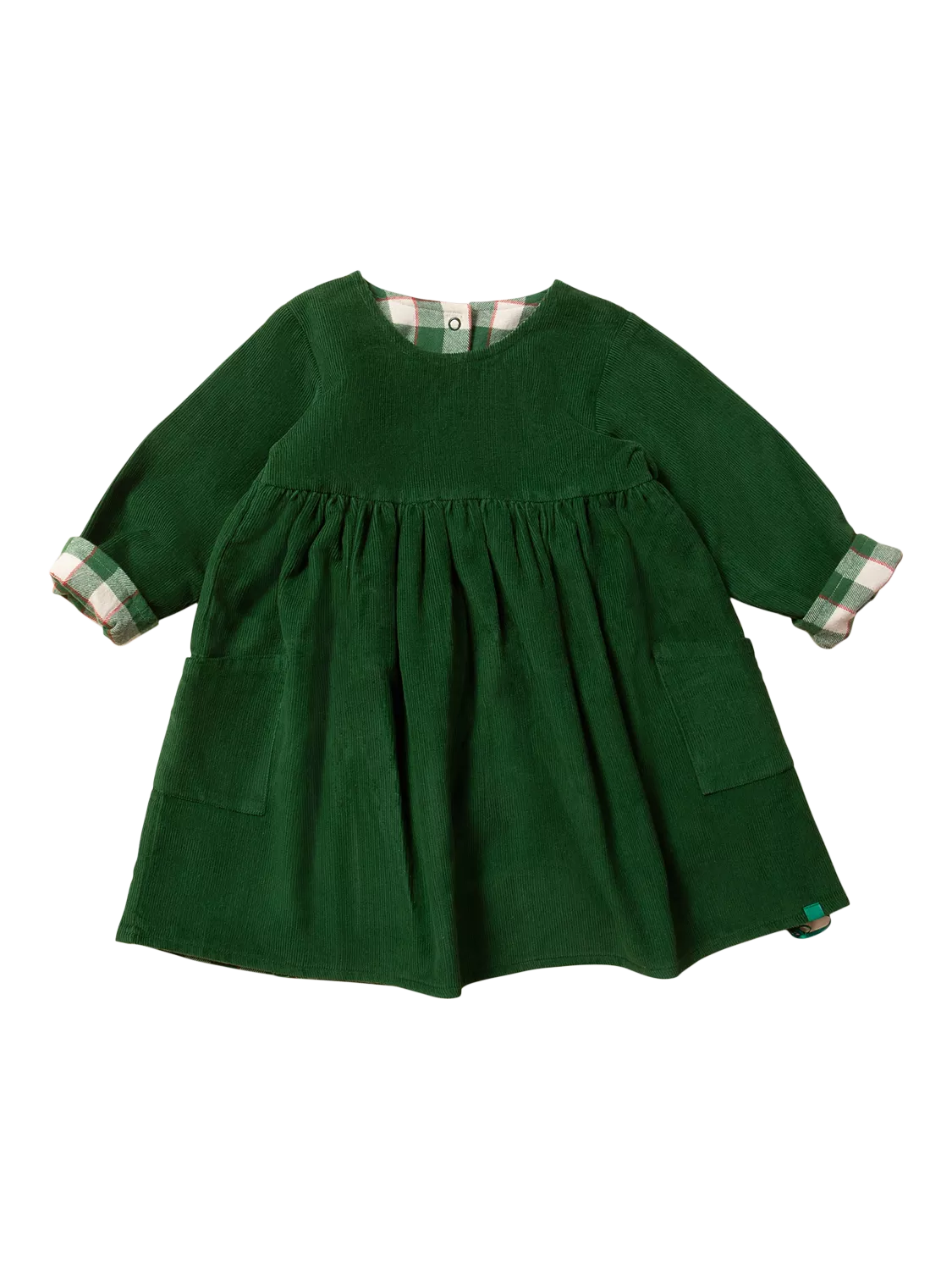 Little Green Radicals Kids' Organic Cotton Corduroy Reversible Pocket Dress, Green Hazelnut Check