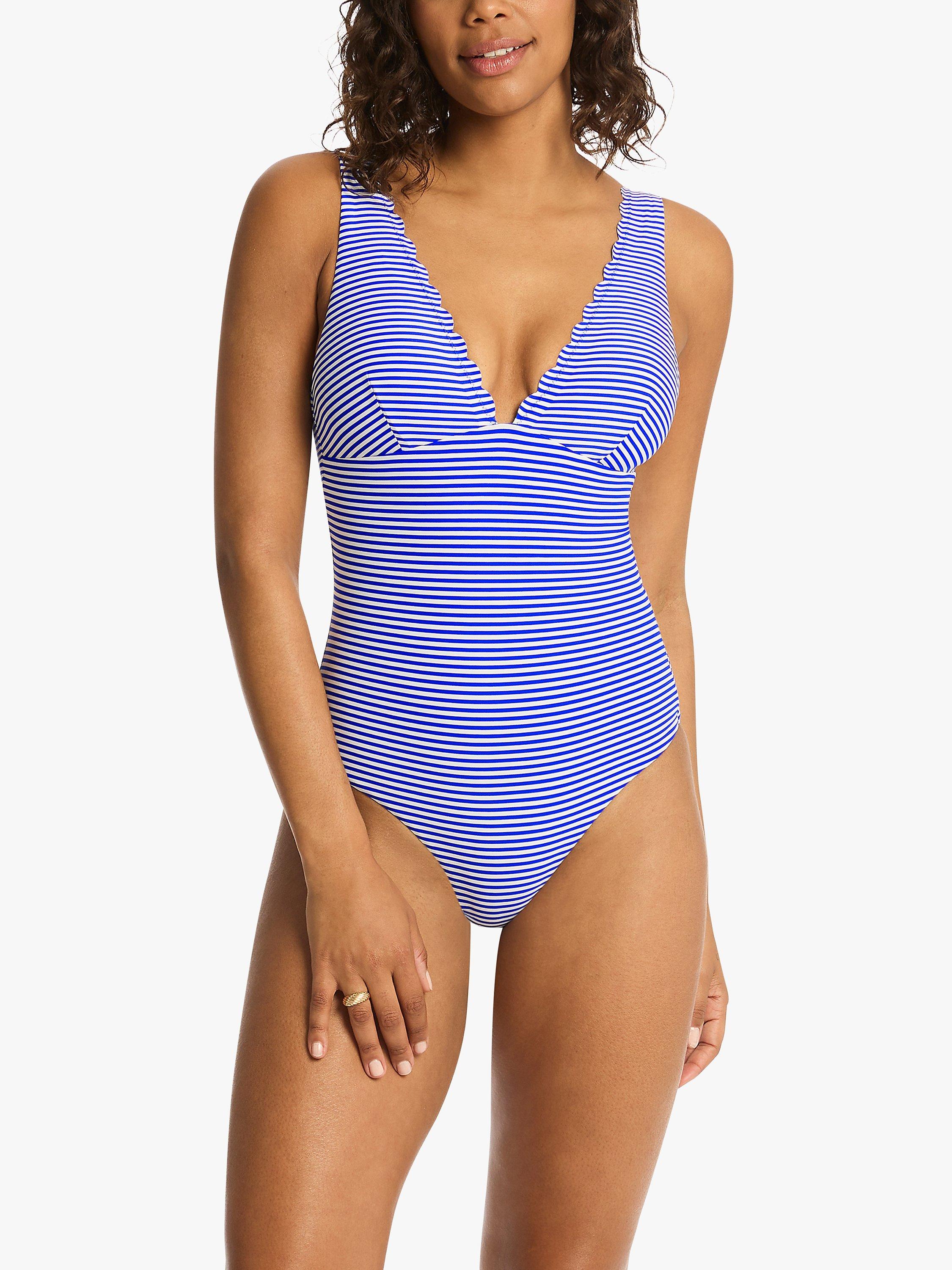 Product image 1 of 4, which shows Sea Level Varsity Longline Stripe Swimsuit, Cobalt/White, 8