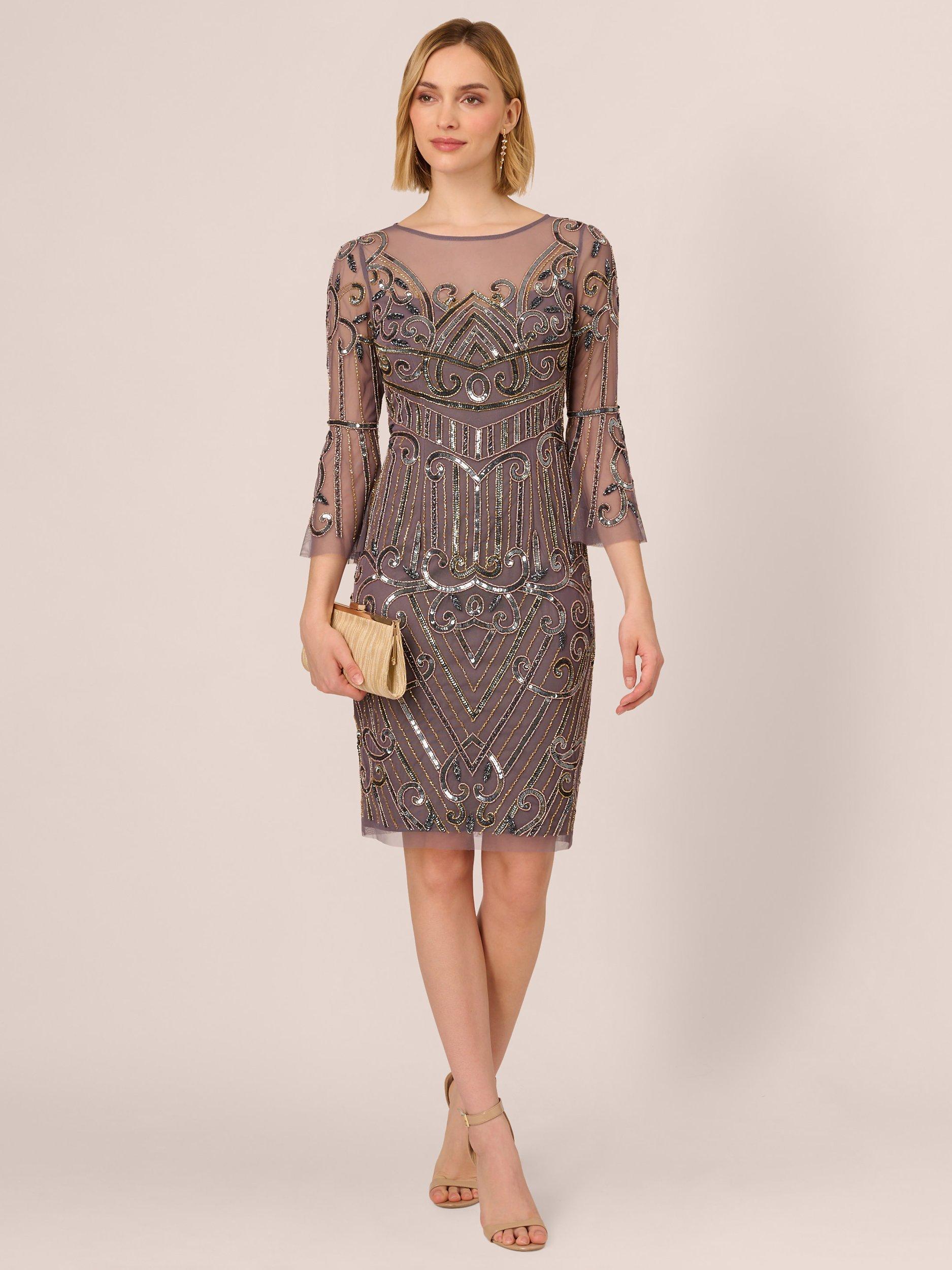 Adrianna Papell Art Deco Beaded Bell Sleeve Dress Moonscape