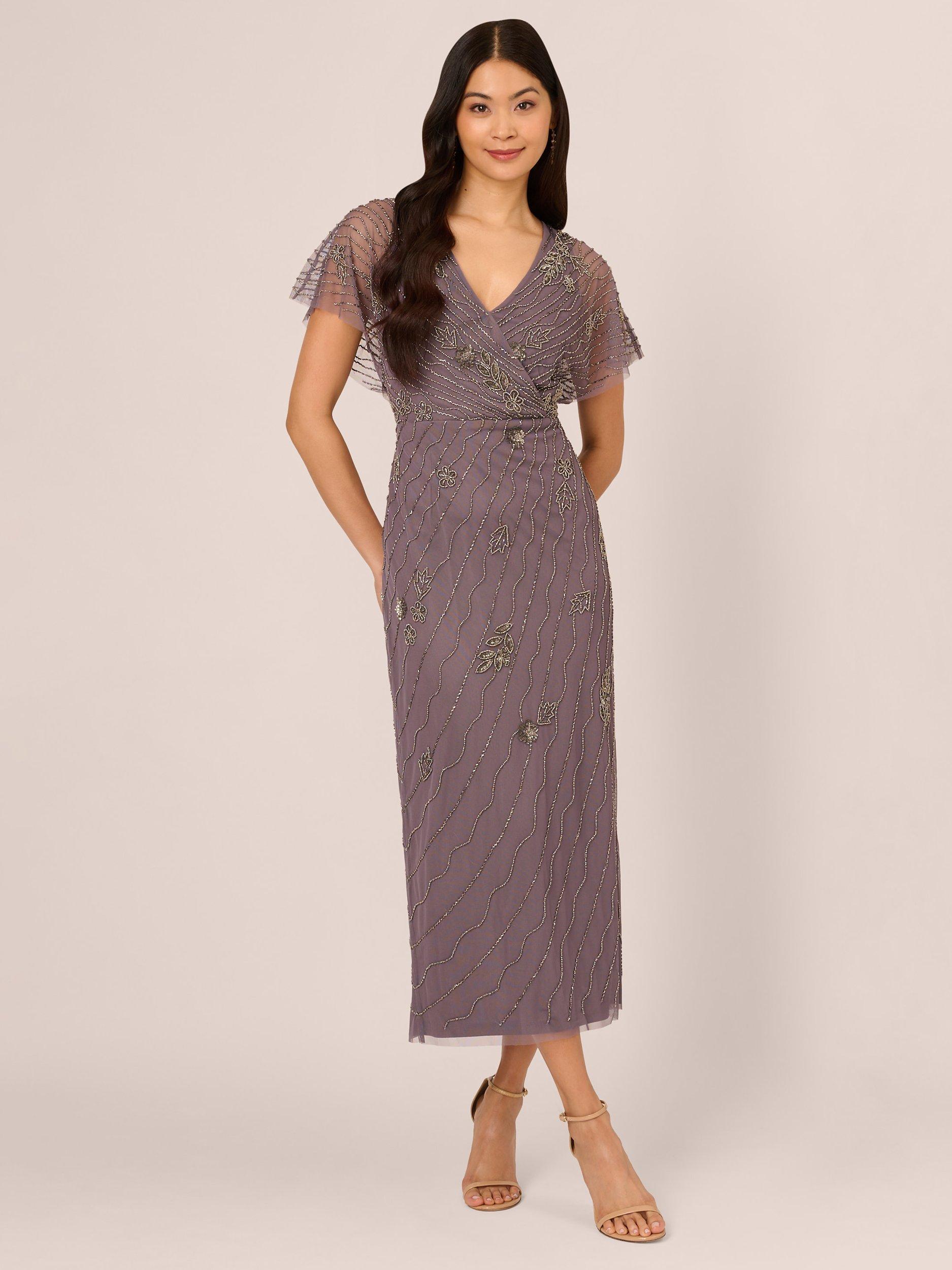 Adrianna Papell Beaded Flutter Sleeve Maxi Dress Moonscape