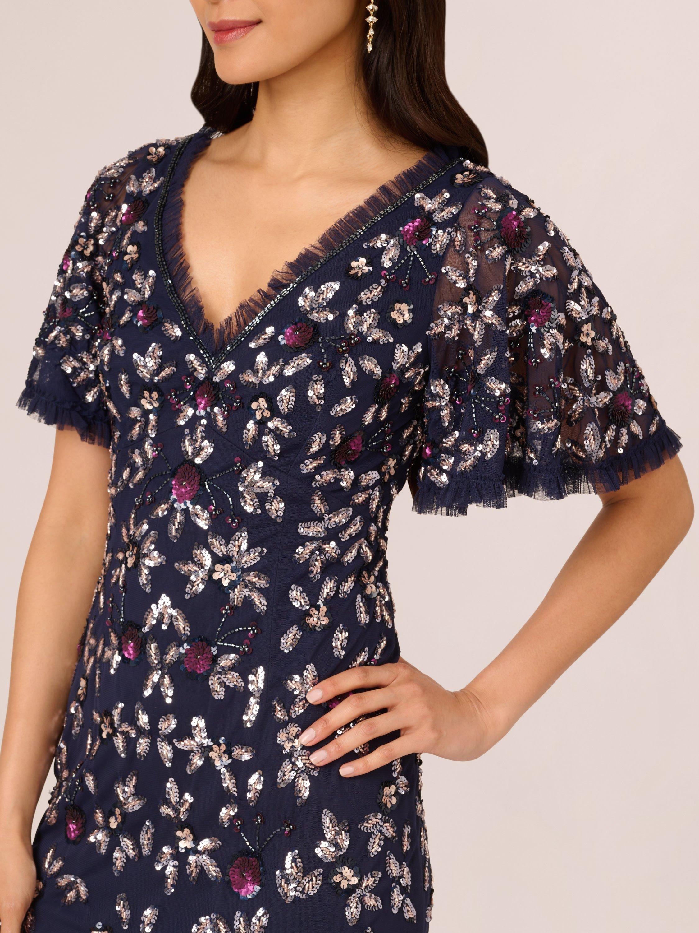 Product image 4 of 7, which shows Adrianna Papell Beaded Mesh Midi Dress, Light Navy, 12