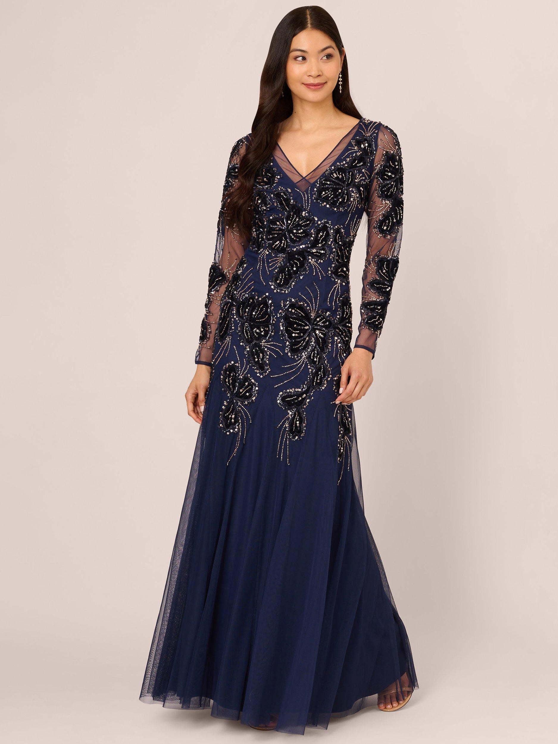 Adrianna Papell Beaded Mesh Velvet Maxi Dress Light Navy