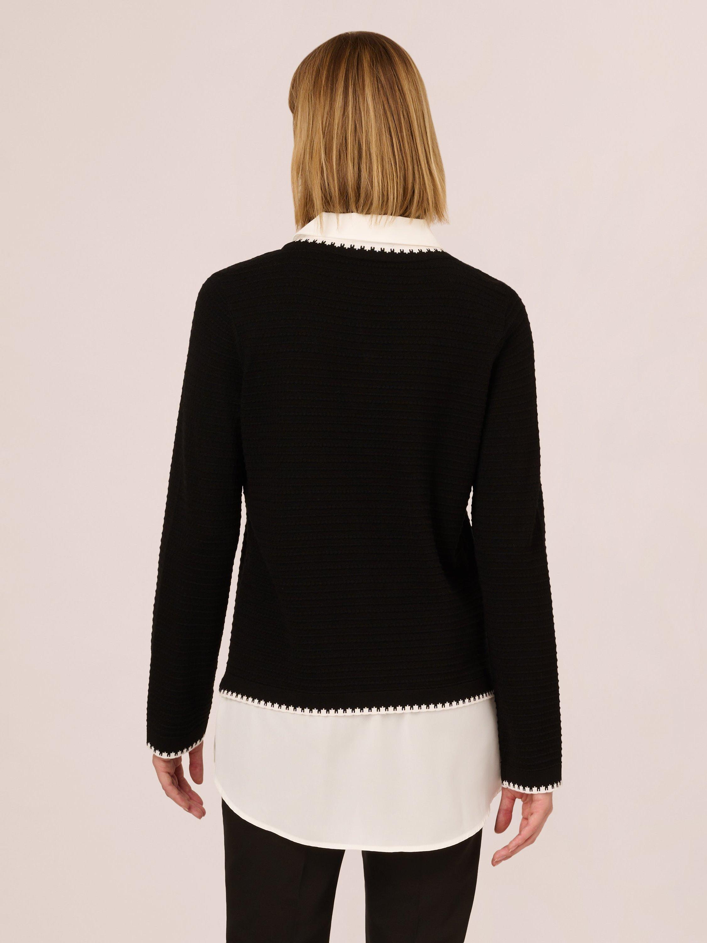 Product image 2 of 7, which shows Adrianna Papell Ottoman Stitch Jumper, Black/Ivory, L