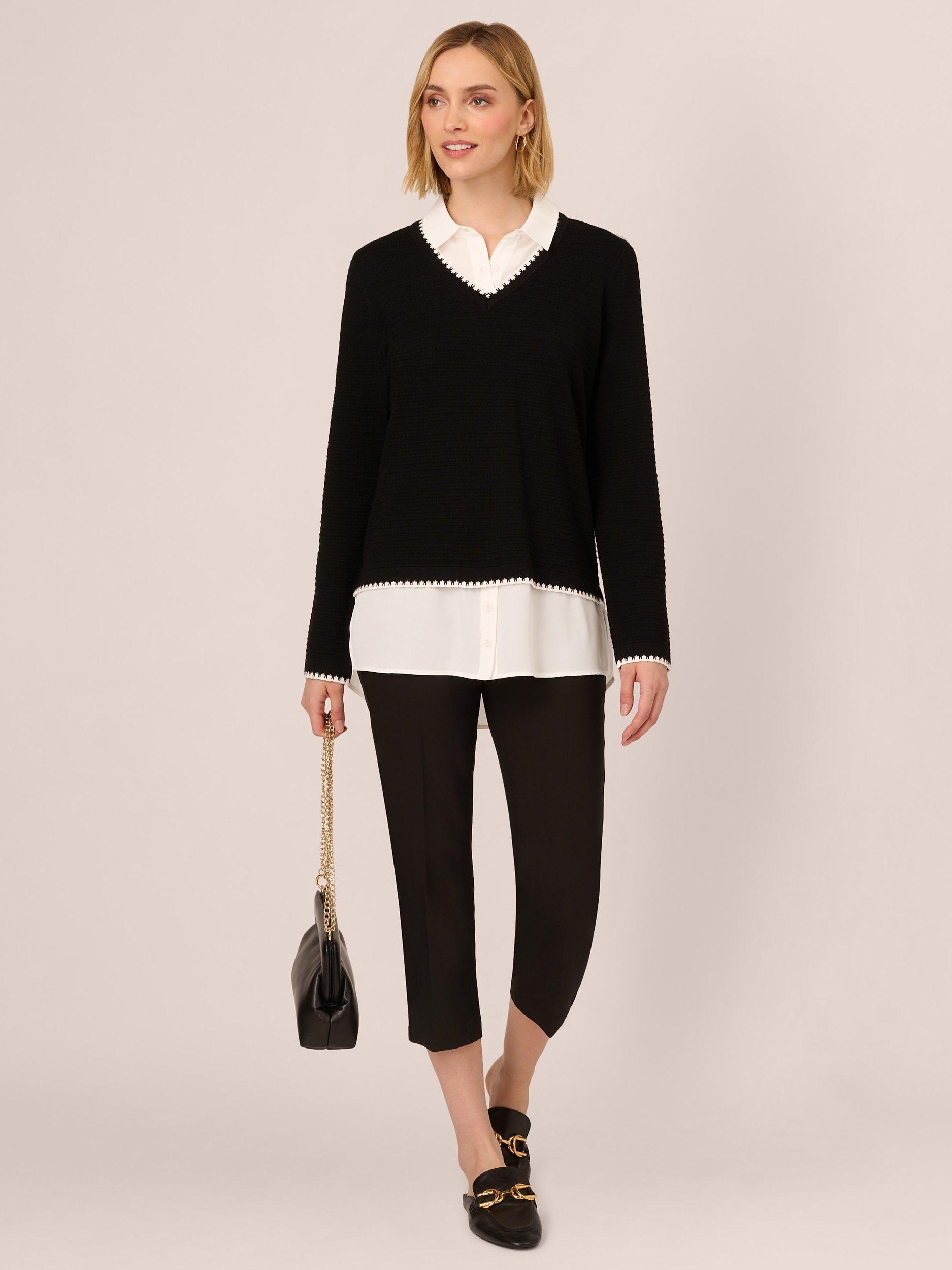 Product image 3 of 7, which shows Adrianna Papell Ottoman Stitch Jumper, Black/Ivory, L
