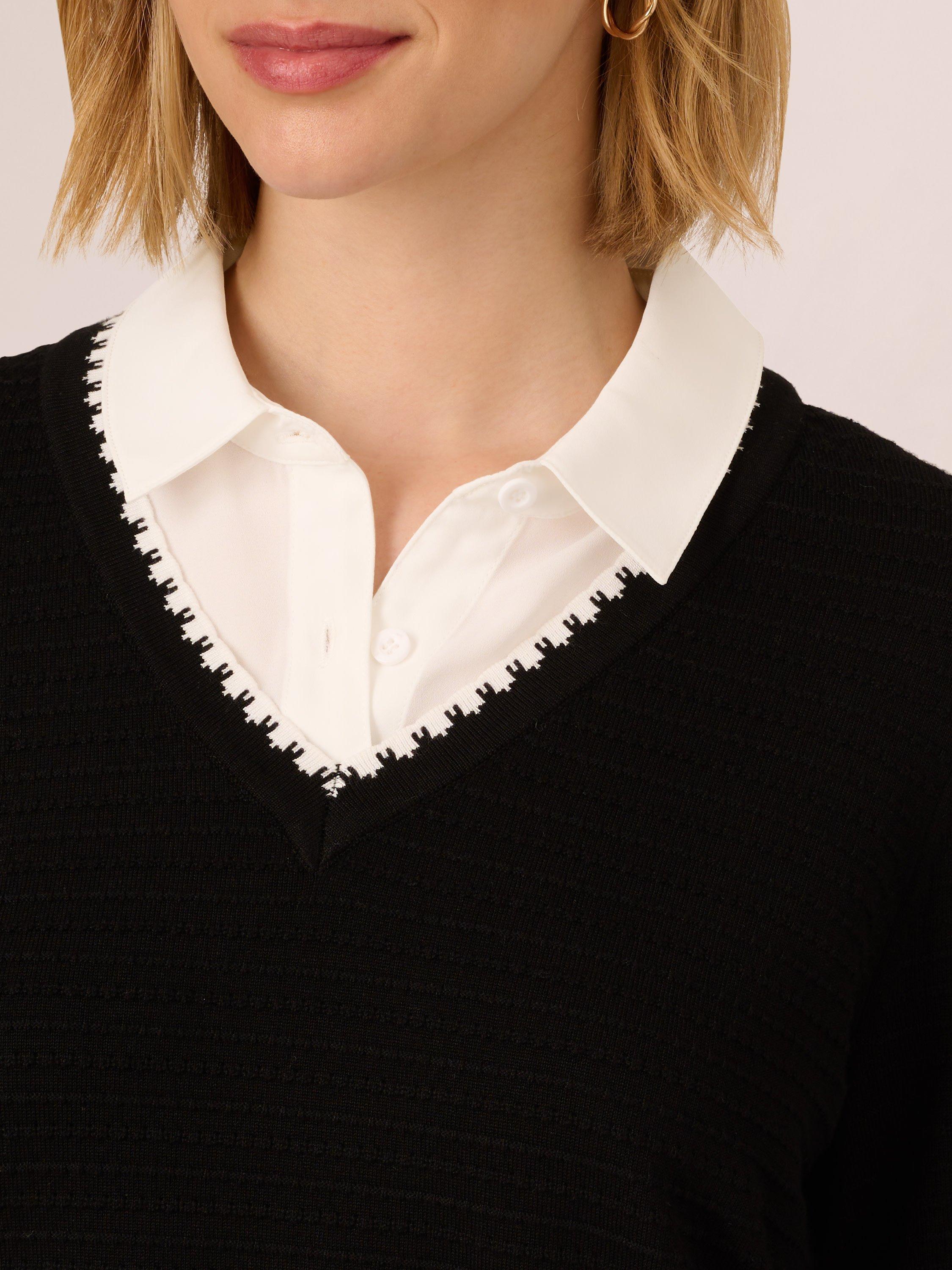 Product image 4 of 7, which shows Adrianna Papell Ottoman Stitch Jumper, Black/Ivory, L