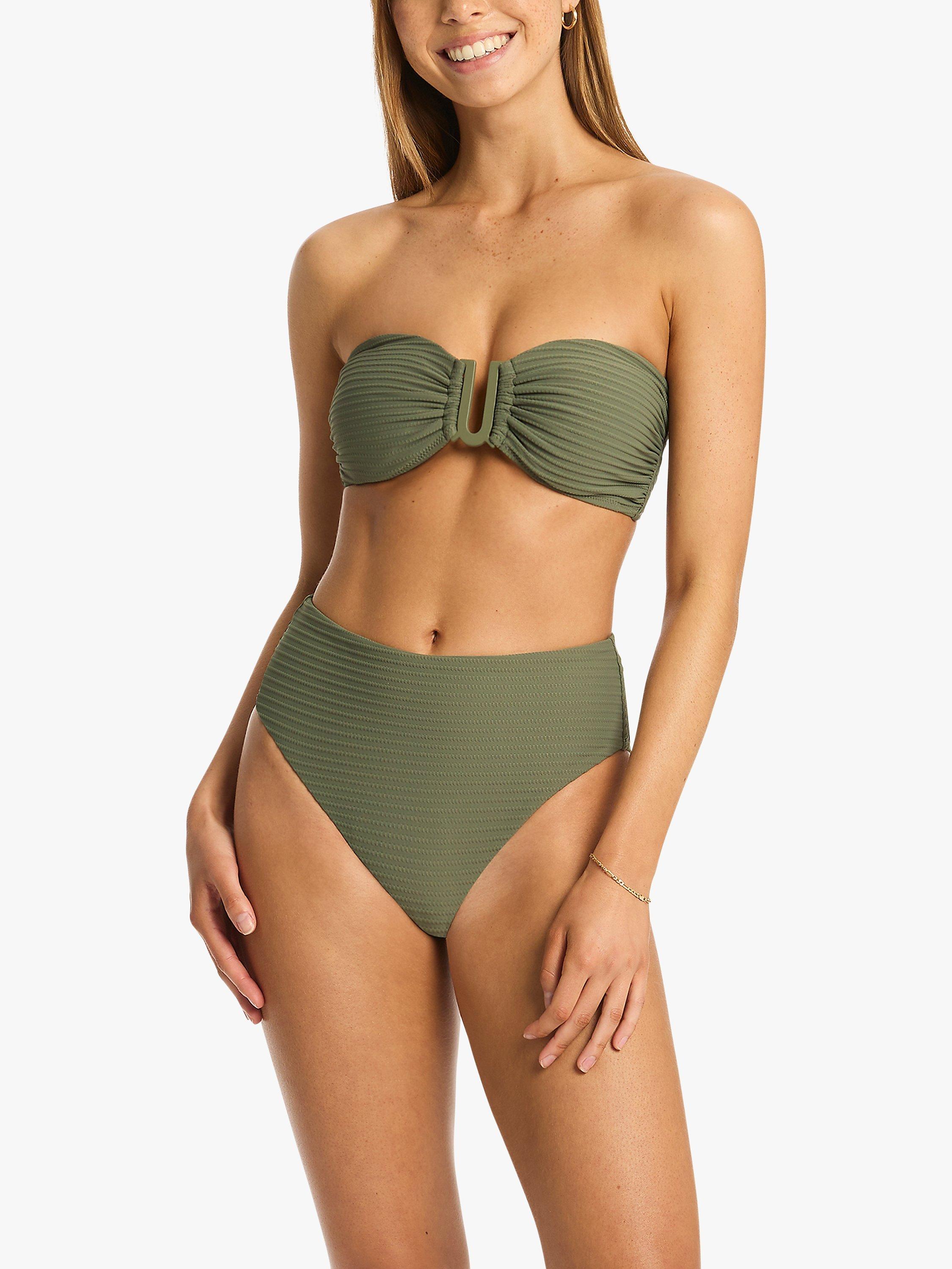 Product image 1 of 4, which shows Sea Level Spinnaker Rib High Waist Bikini Bottoms, Khaki, 8