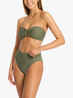 Sea Level Spinnaker Rib High Waist Bikini Bottoms, Khaki - view 2, Khaki