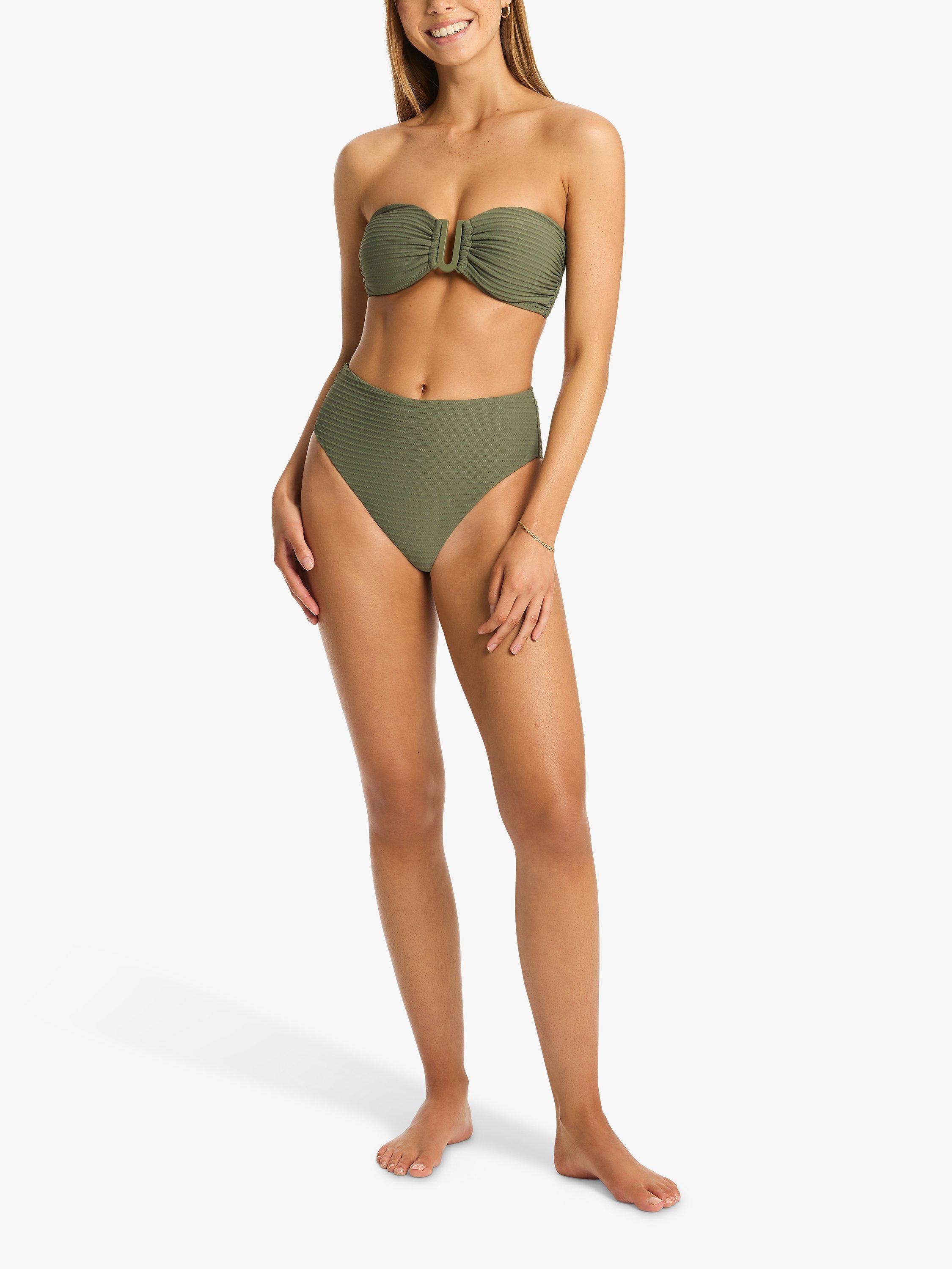 Product image 4 of 4, which shows Sea Level Spinnaker Rib High Waist Bikini Bottoms, Khaki, 8