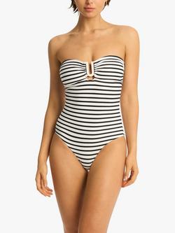 Sea Level Amalfi Light Control Shaping U Bar Bandeau Swimsuit, White/Black, White/Black