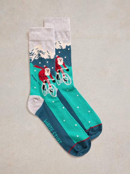 White Stuff Cracker Boxed Cycling Santa Socks, Multi - view 2, Multi