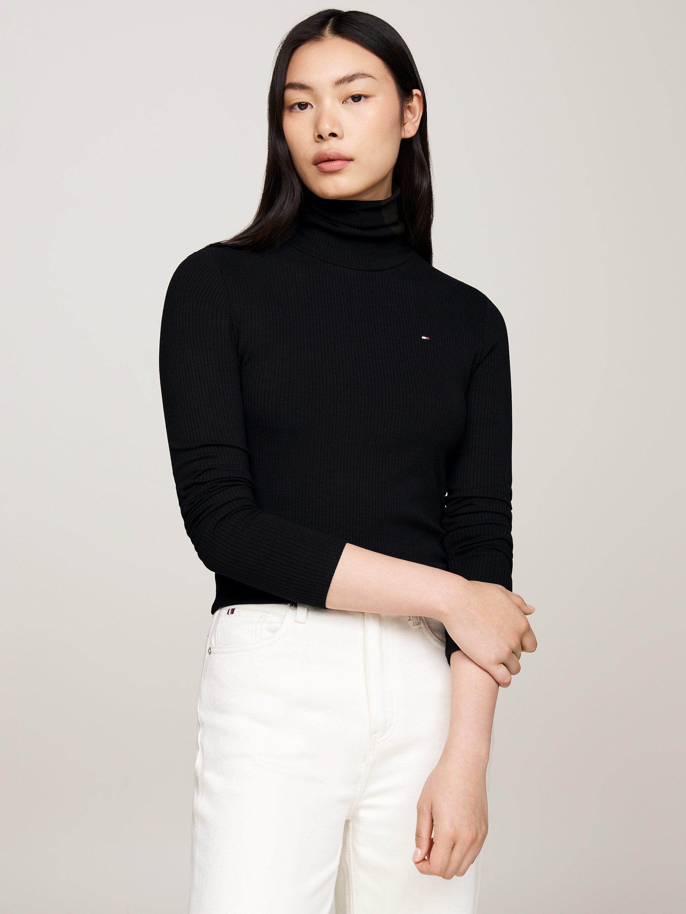 Product image 1 of 6, which shows Tommy Hilfiger Slim Rib Roll Neck Top, Black, S