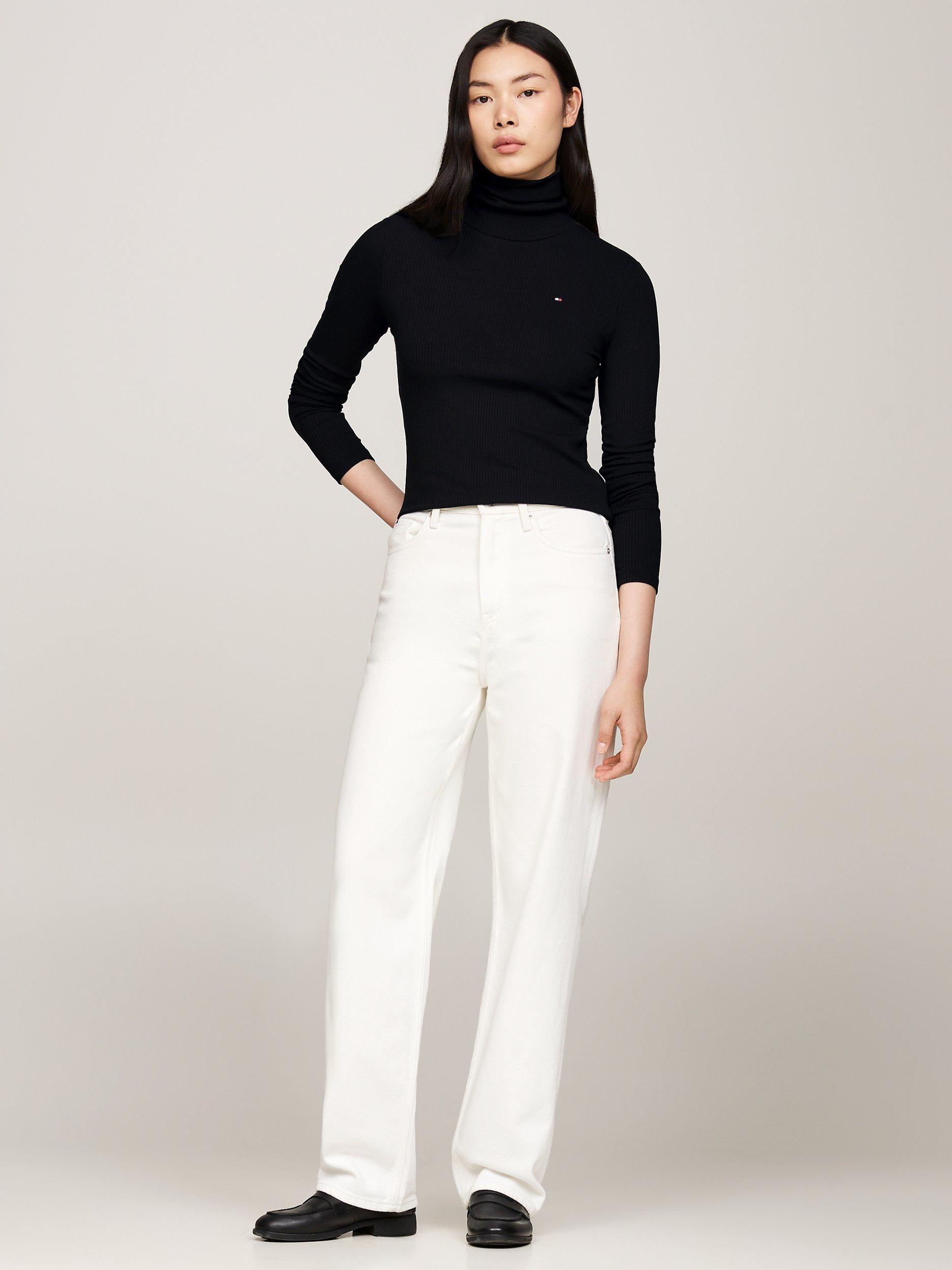 Product image 2 of 6, which shows Tommy Hilfiger Slim Rib Roll Neck Top, Black, S