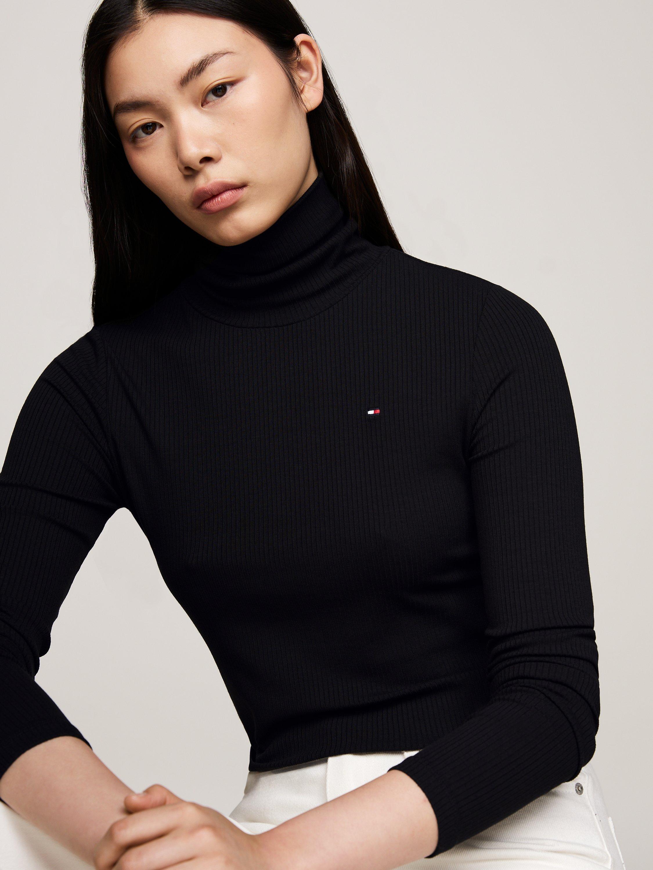 Product image 3 of 6, which shows Tommy Hilfiger Slim Rib Roll Neck Top, Black, S