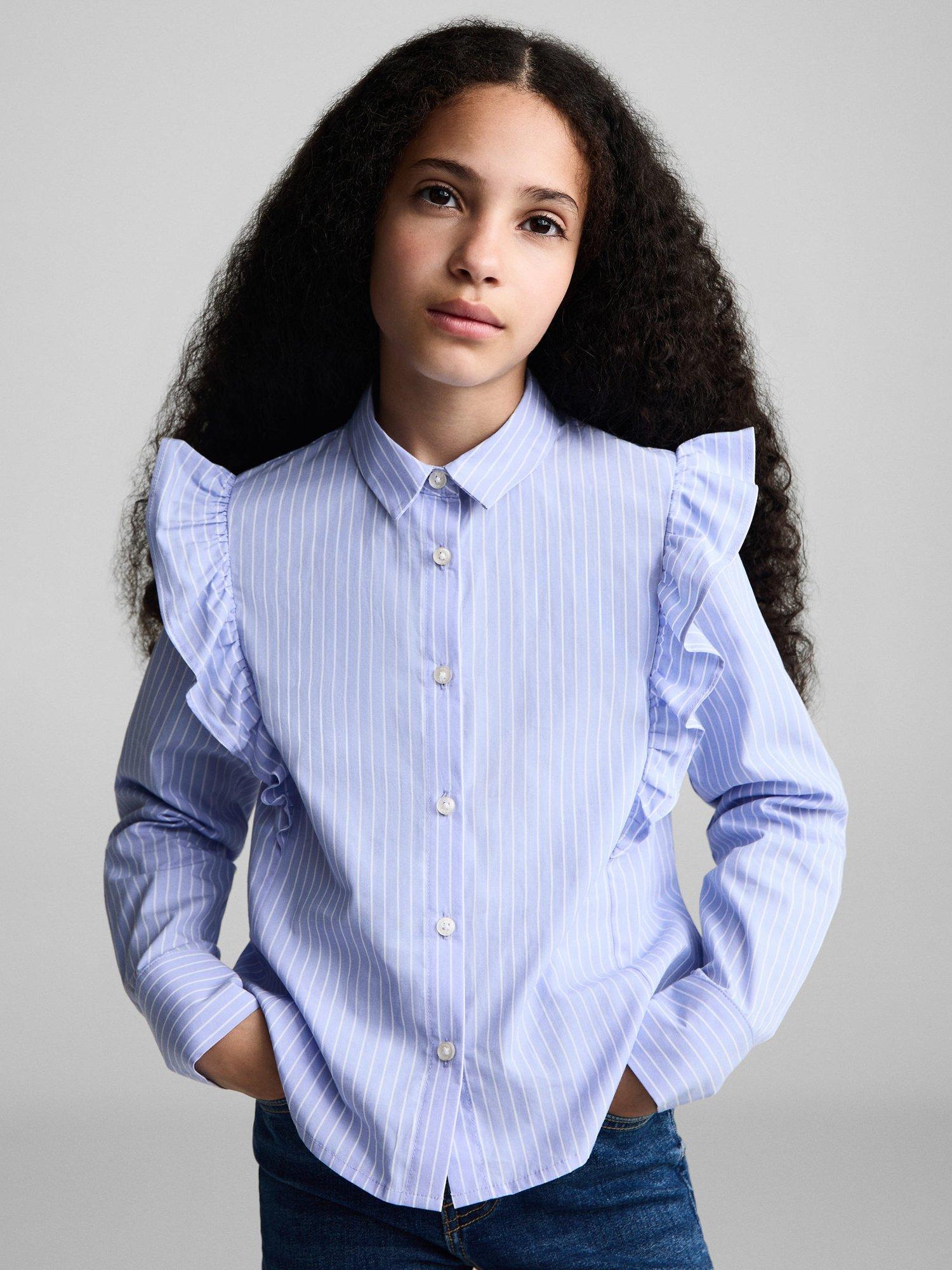 Mango Kids' Carlota Ruffled Cotton Shirt, Medium Blue