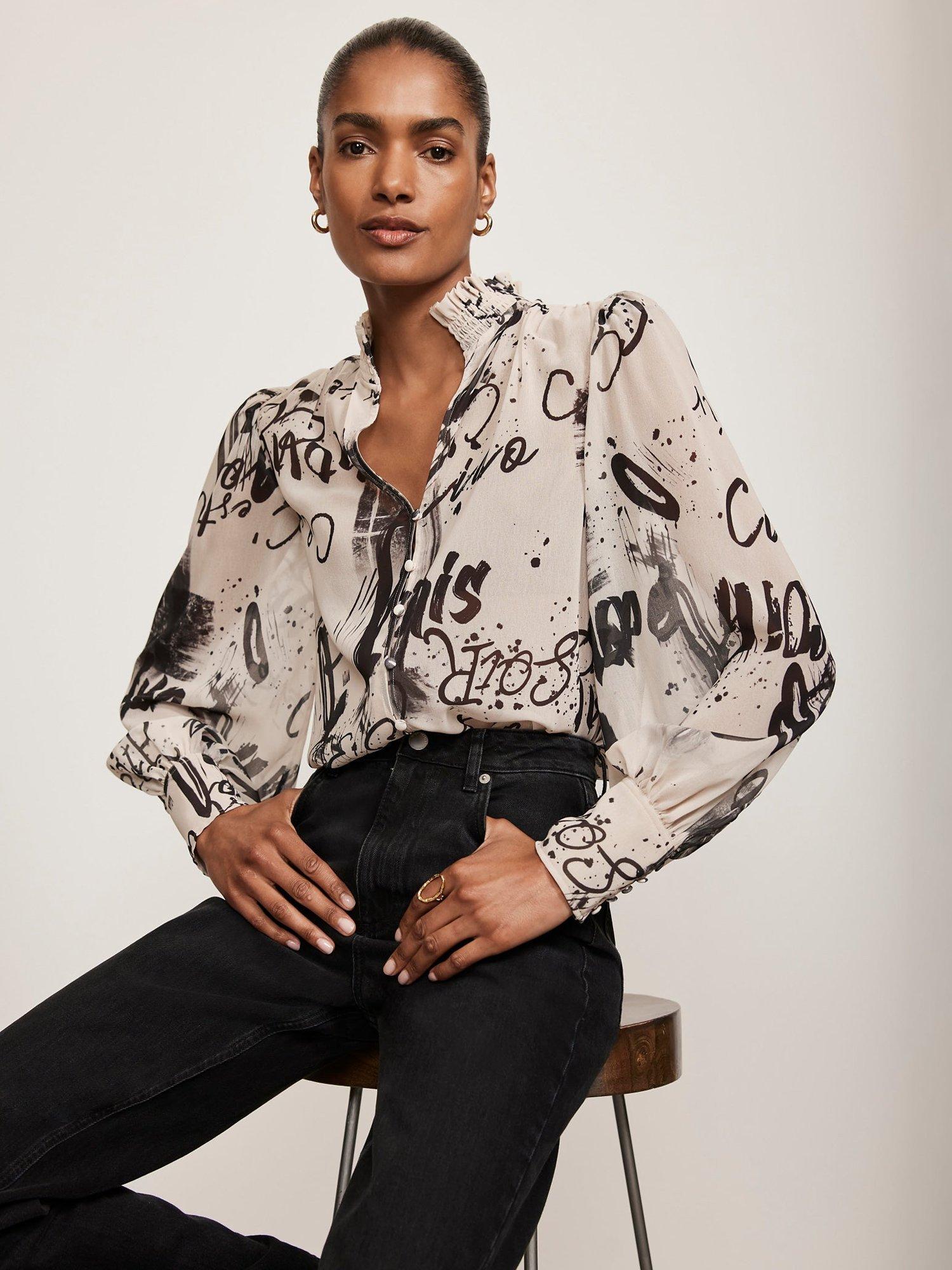 Mint Velvet Abstract Slogan Print Blouse Cream Black