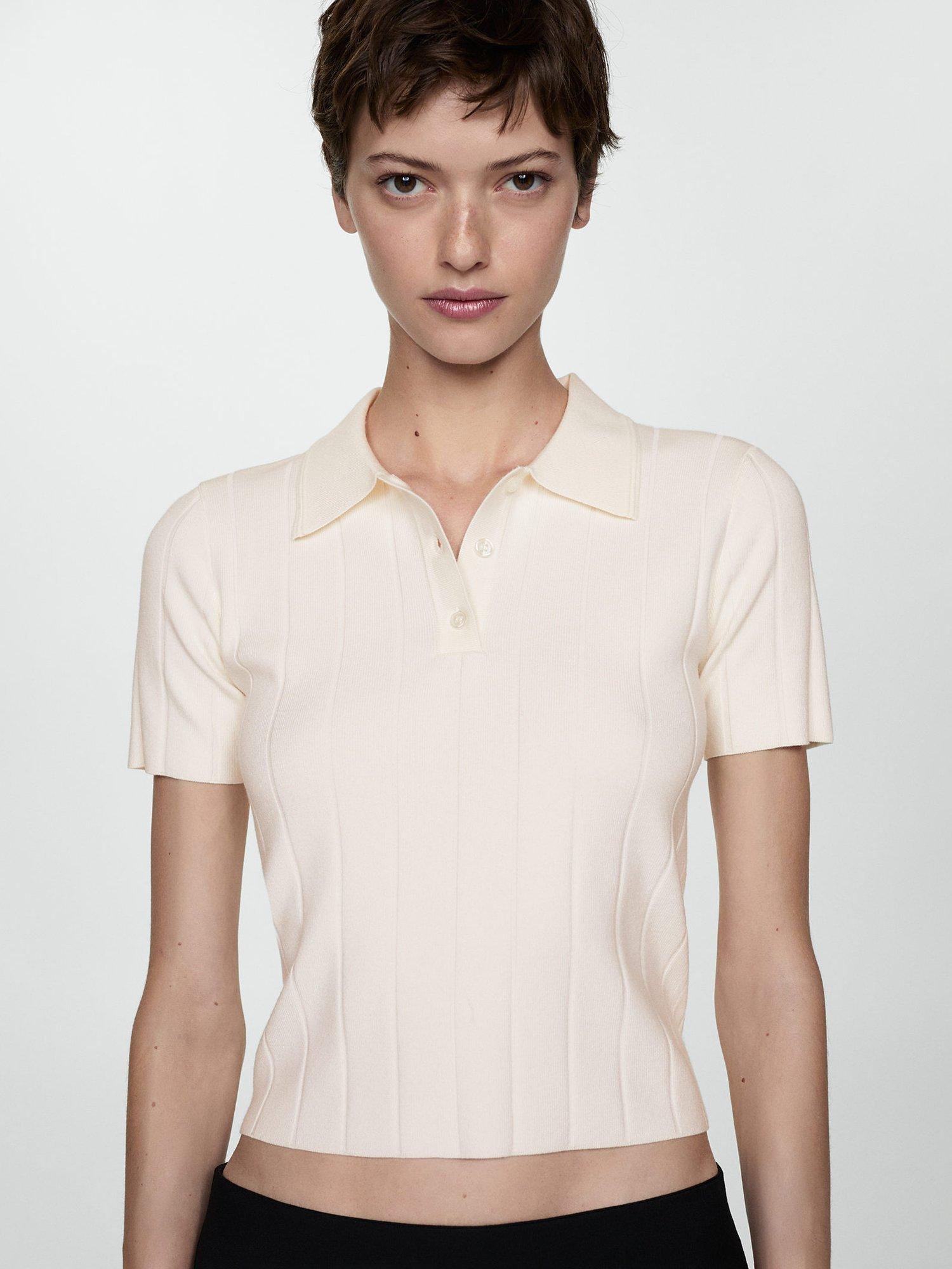 Mango Alverta Fine Knit Polo Top Light Beige