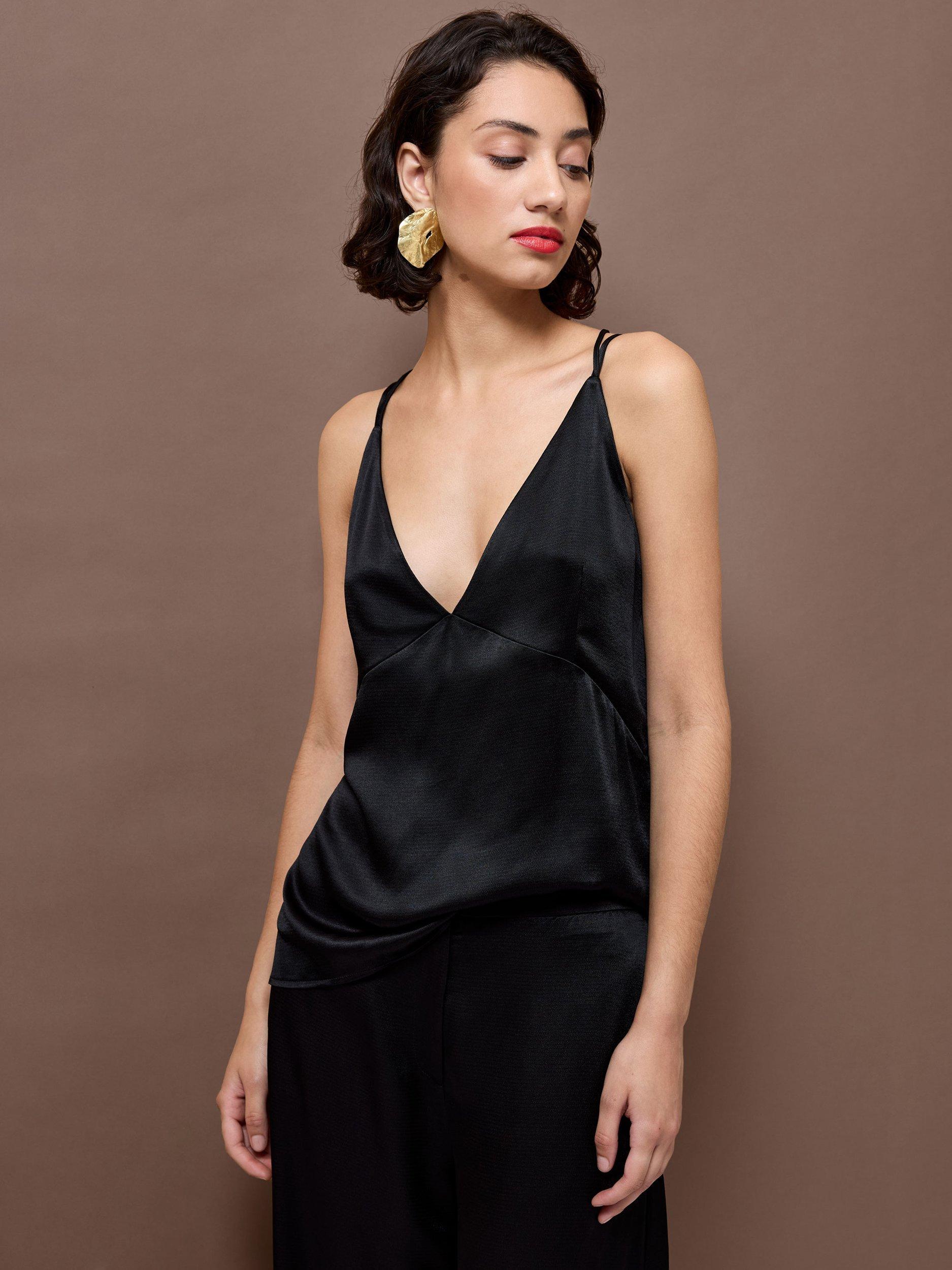 VIVERE Pandora Double Strap Satin Cami, Black