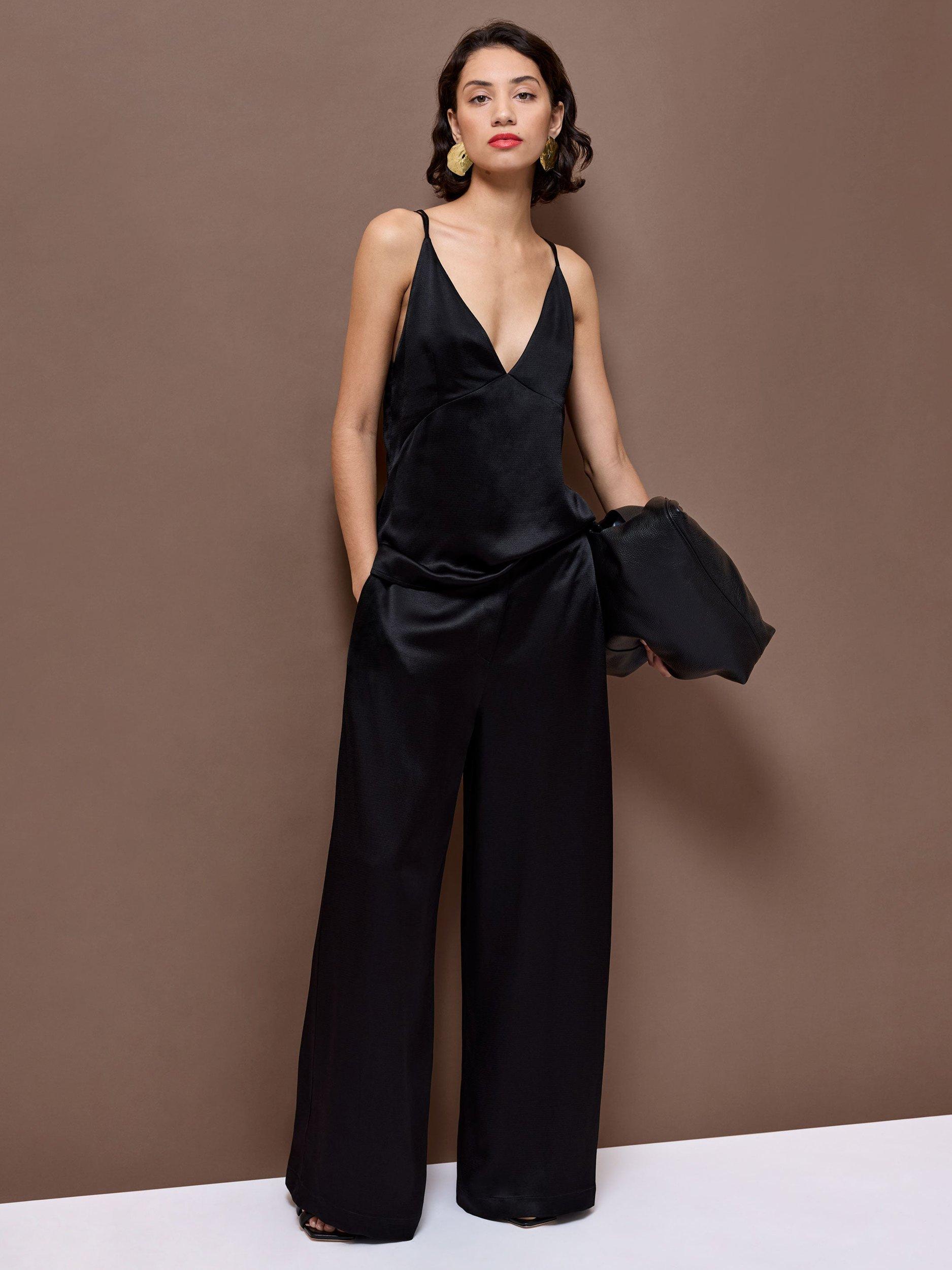 VIVERE Ruby Satin Tailored Wide Leg Trousers, Black