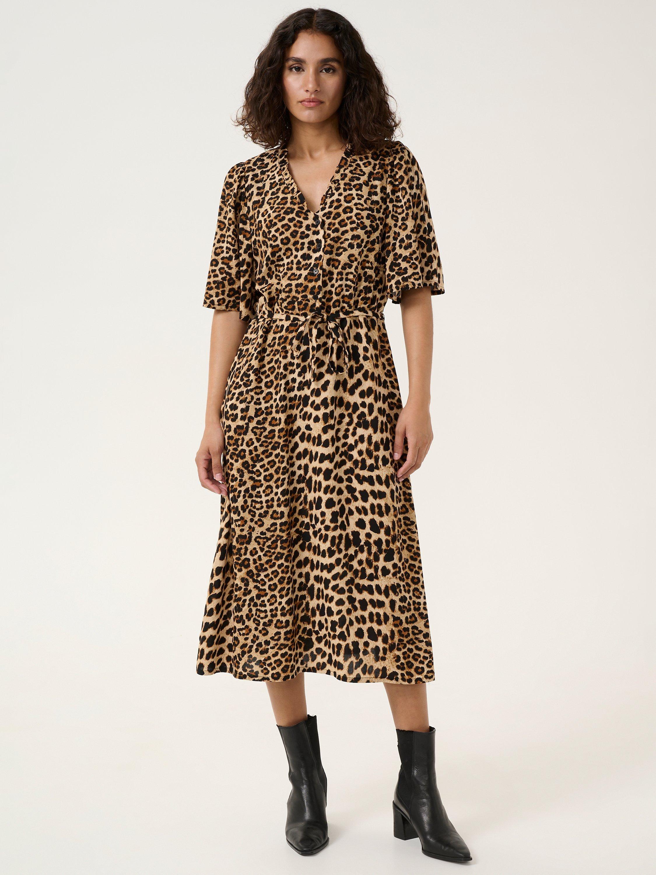 Product image 1 of 6, which shows KAFFE KAarina Leopard Midi Shirt Dress, Brown/Multi, 8