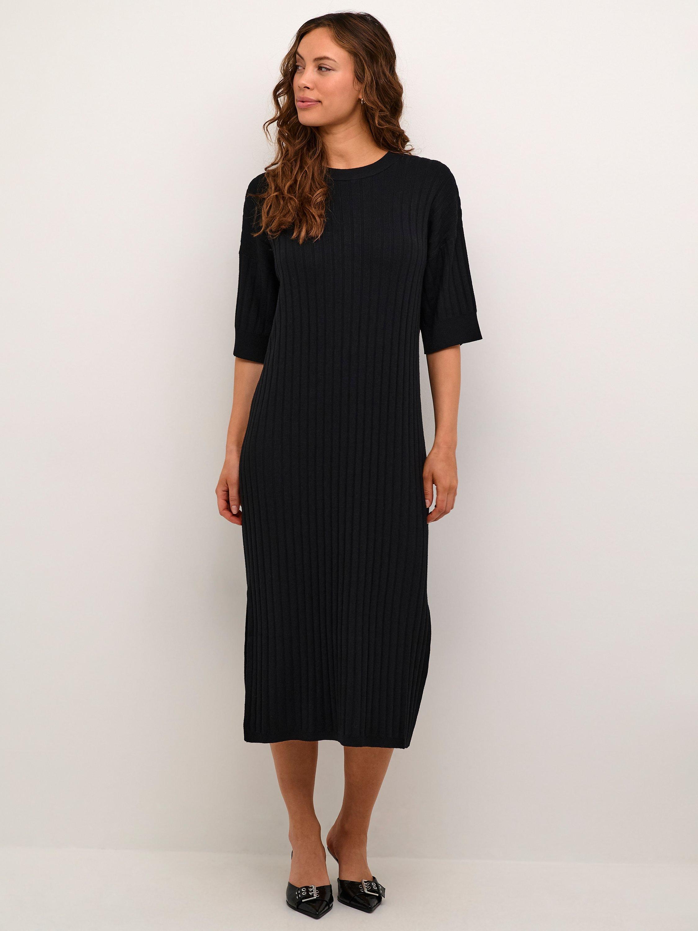 Product image 1 of 4, which shows KAFFE Lola Rib Knit Dress, Black Deep, L