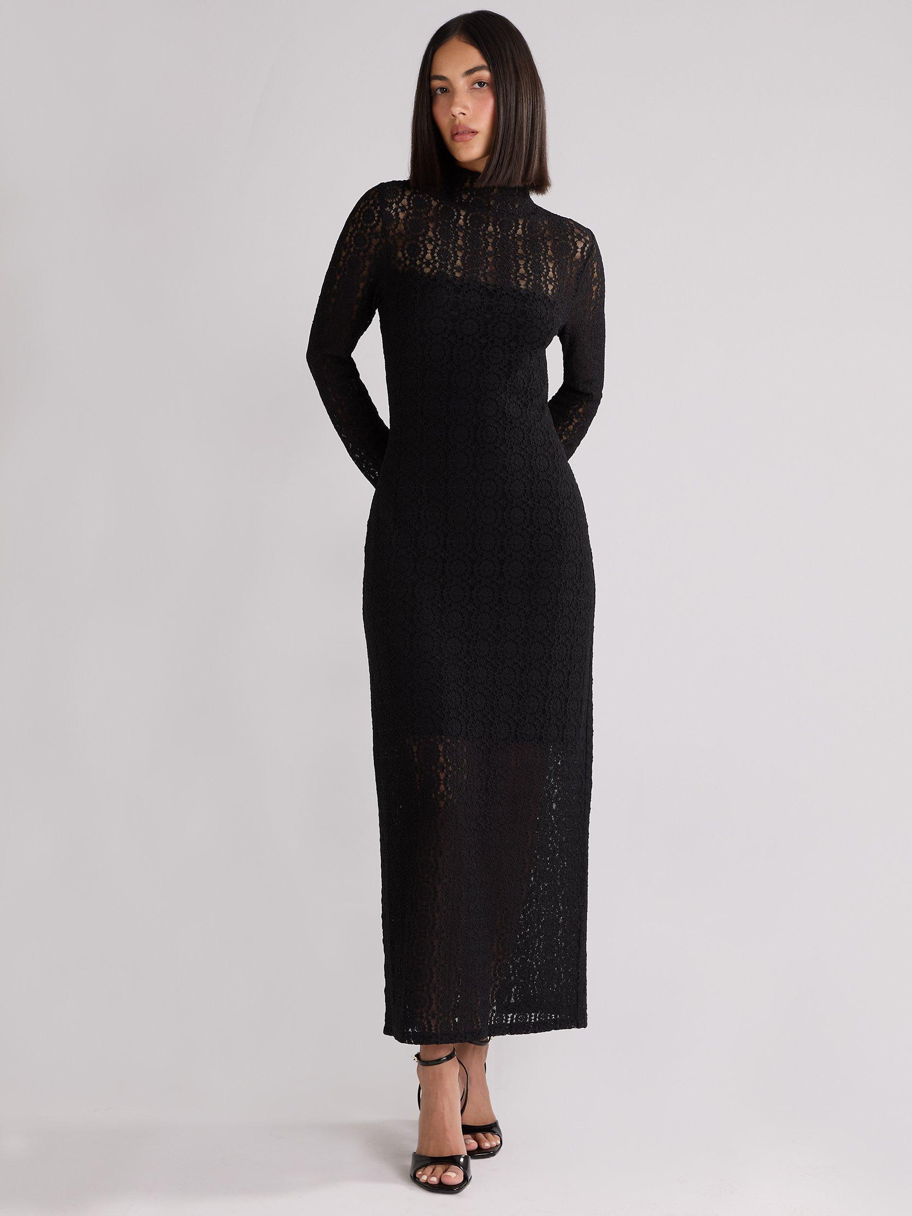 Ro Zo Petite Lace High Neck Midi Dress Black