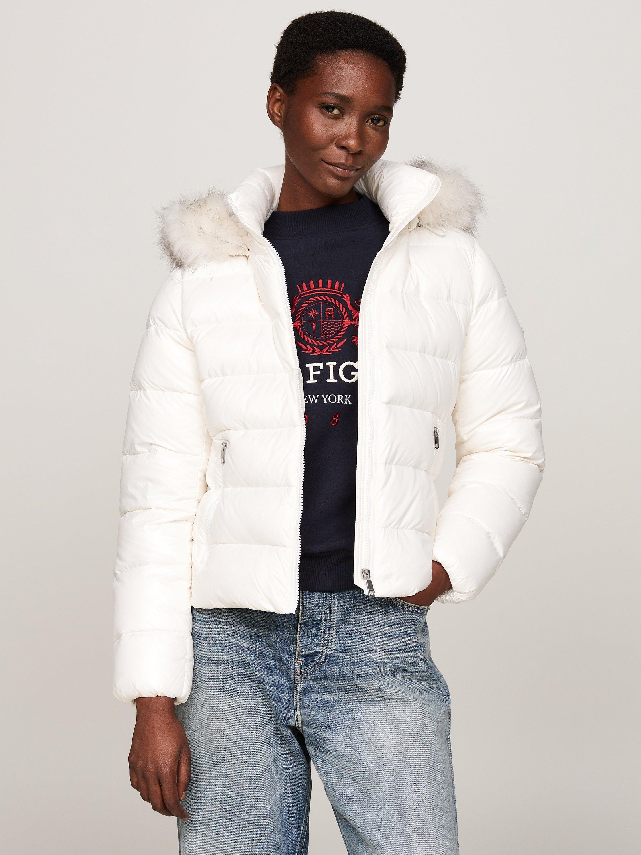 Glossy puffer jacket with fur hood online