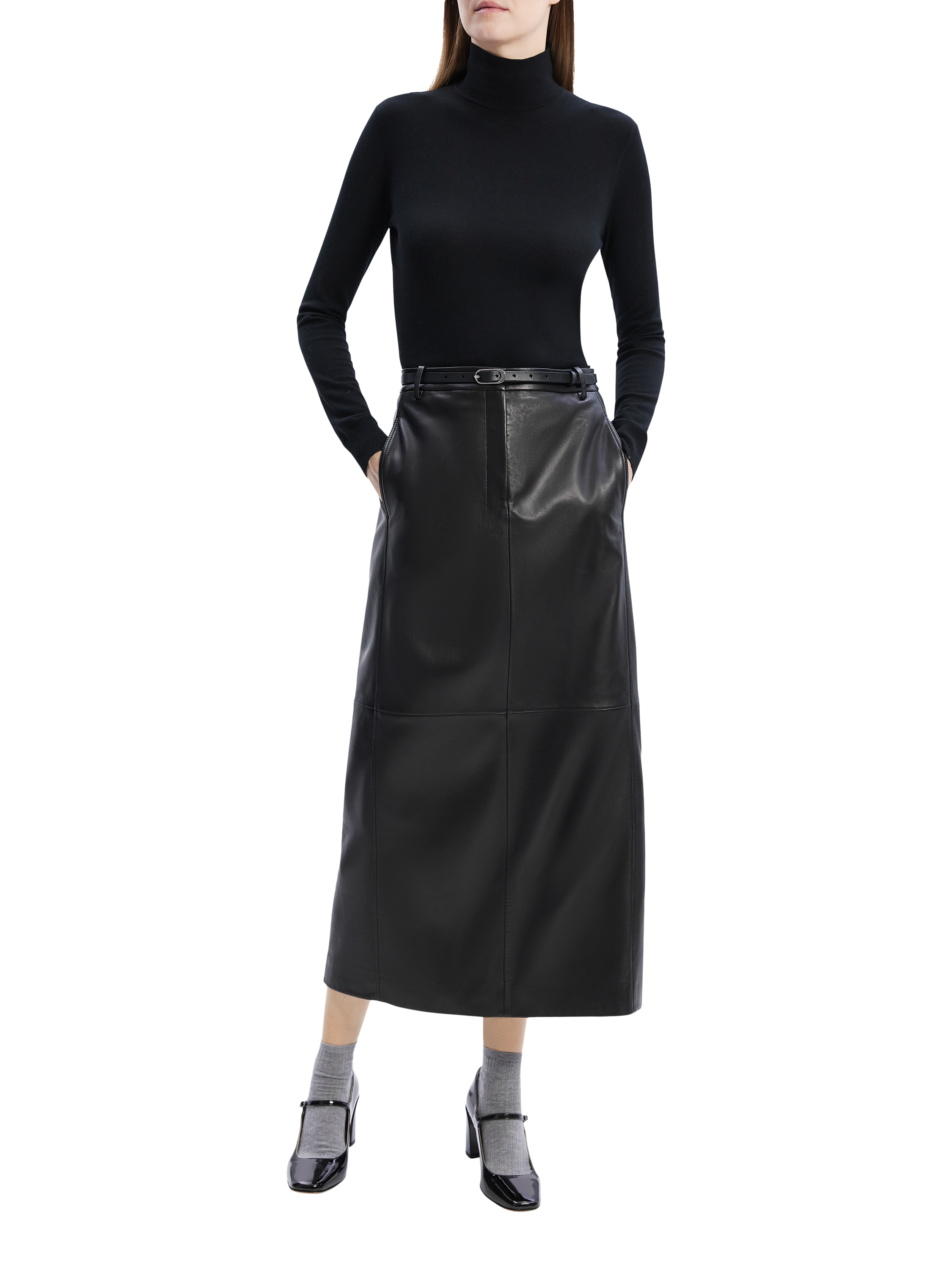 Theory Leather Midi Skirt, Black