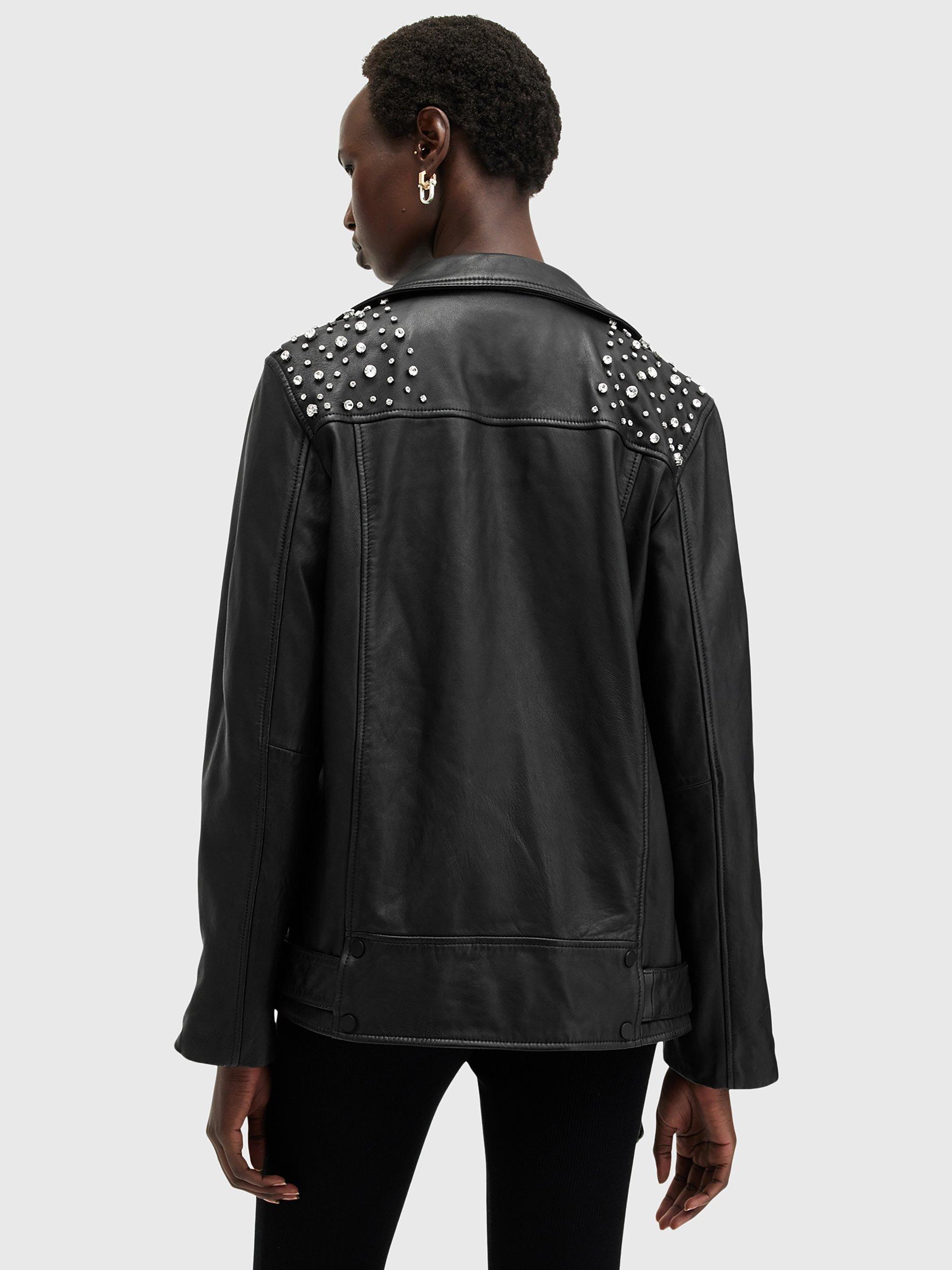 AllSaints Billie Embellished Leather Biker Jacket Black